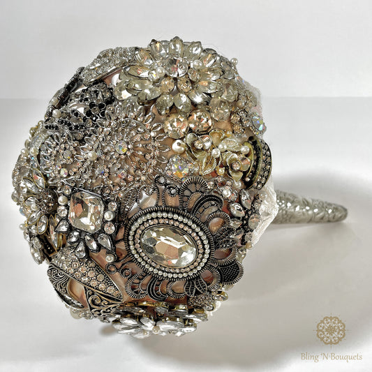 Bridal wedding jeweled brooch Bouquet 'Antiquity' 6" dia silver, pink, black