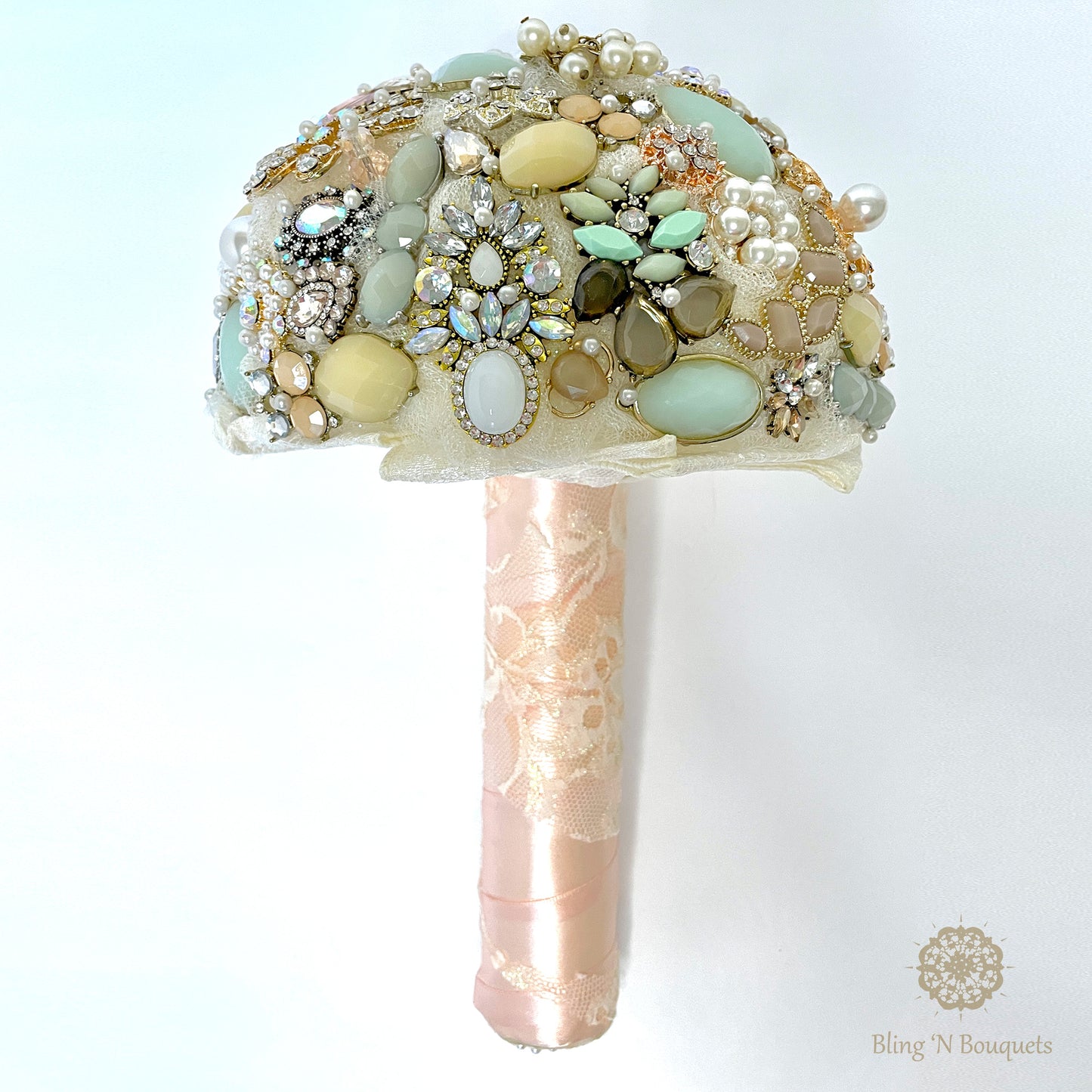 Wedding Bridal Brooch Bouquet 'Coastal Sunset' soft pinks, seafoam green, cream, ivory, rose gold, lace, sparkle, glitter, glam