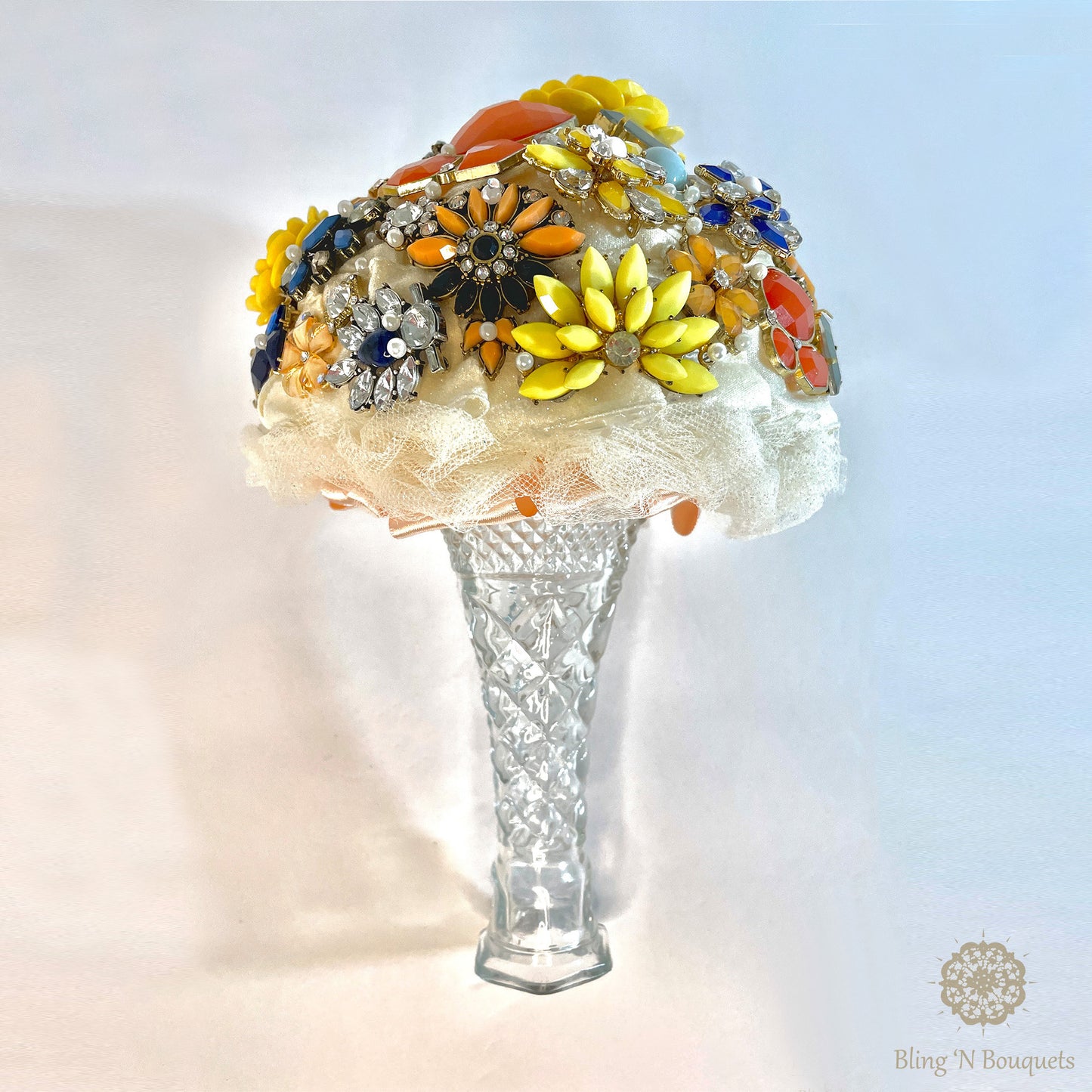 Bridal Wedding Brooch bouquet 'Spring Bloom' Yellow, blue, peach, coral, Unique, unconventional, non-traditional