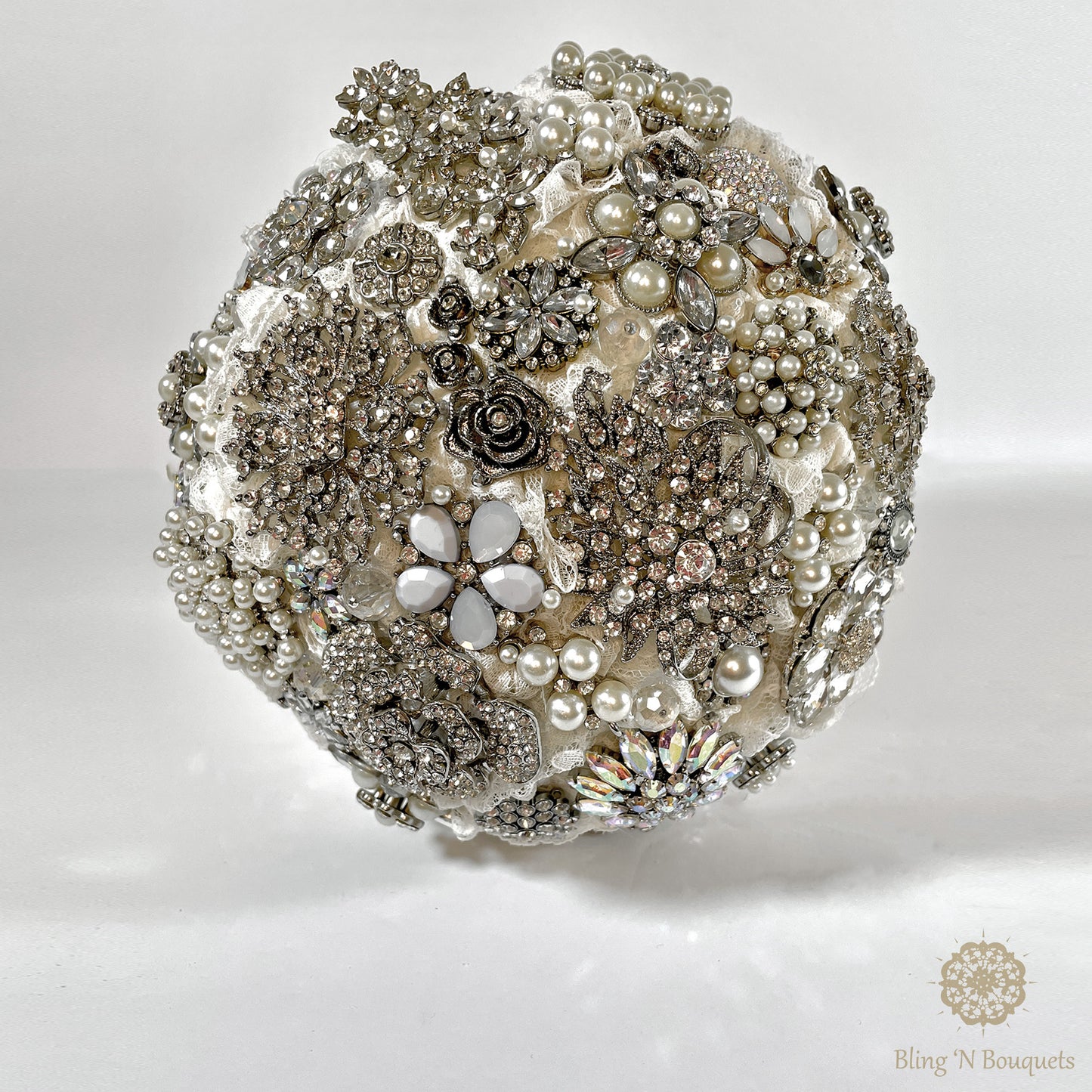 Brooch bouquet, bridal, wedding, unconventional, jeweled bouquet. Silver & white, Lace, floral, diamonds, rhinestones, pearls