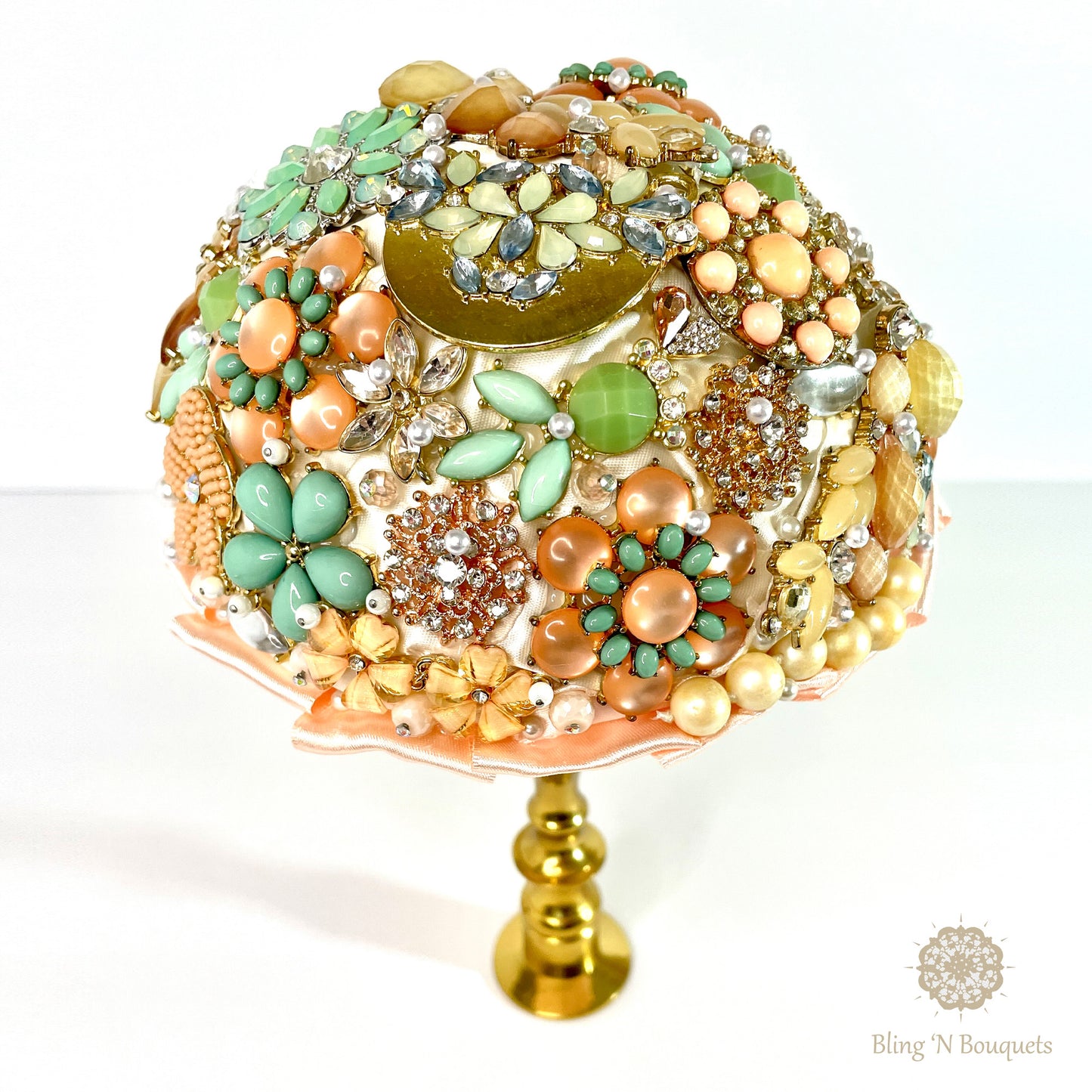 Bridal Brooch Bouquet - 'Minty Peach' Statement bouquet, unconventional, non-traditional, gold, brass, peach, mint, pink, coral, salmon, ivory, green rhinestones