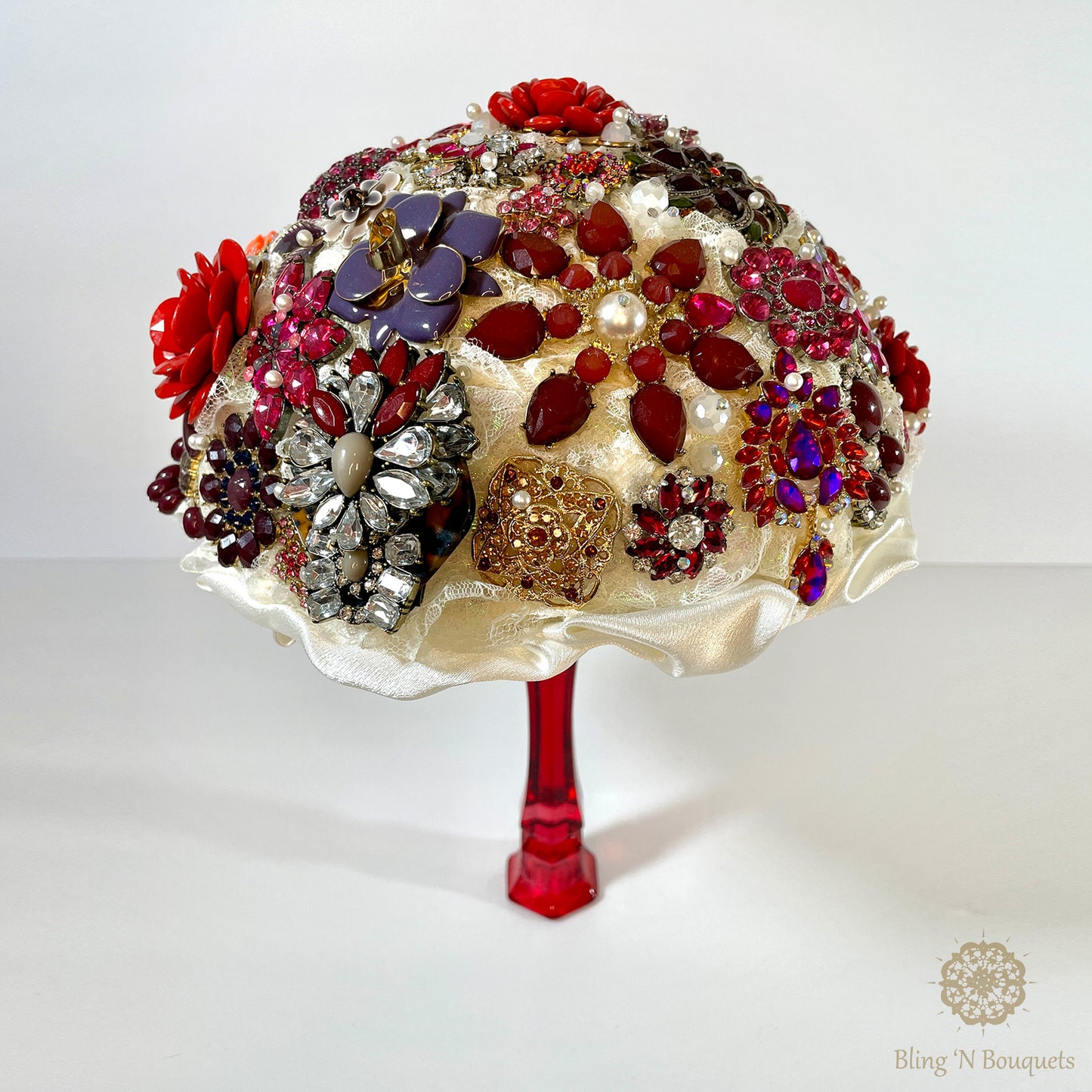 Red Hot Wedding Bridal Brooch Bouquet with reds, pinks, purples, hot pink, magenta, white, glam, sparkle, glitter