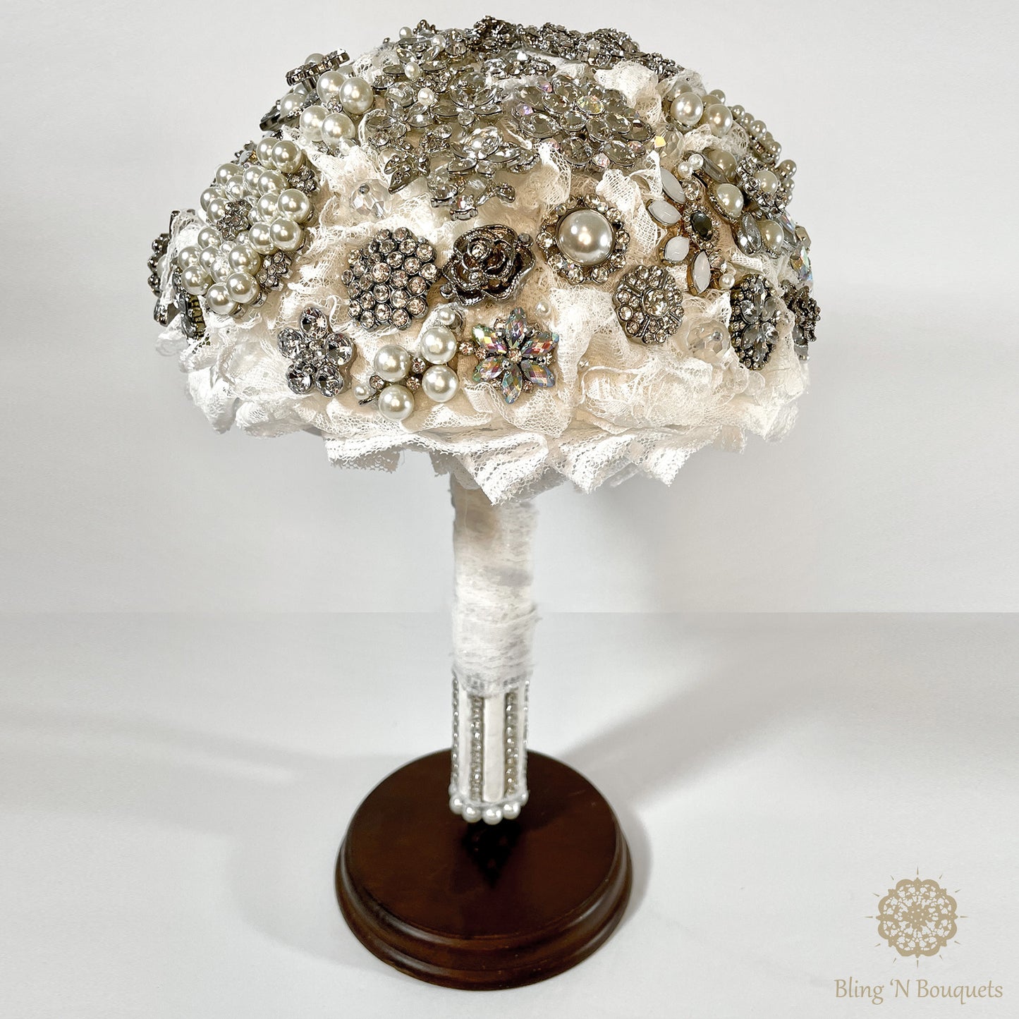 Brooch bouquet, bridal, wedding, unconventional, jeweled bouquet. Silver & white, Lace, floral, diamonds, rhinestones, pearls