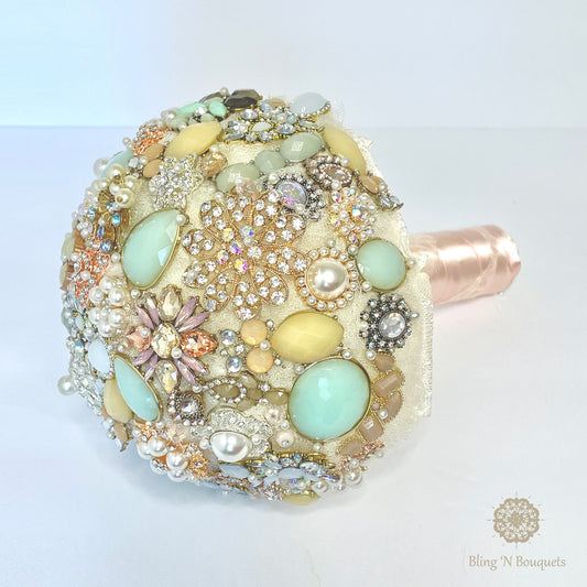 Wedding Bridal Brooch Bouquet 'Coastal Sunset' soft pinks, seafoam green, cream, ivory, rose gold, lace, sparkle, glitter, glam