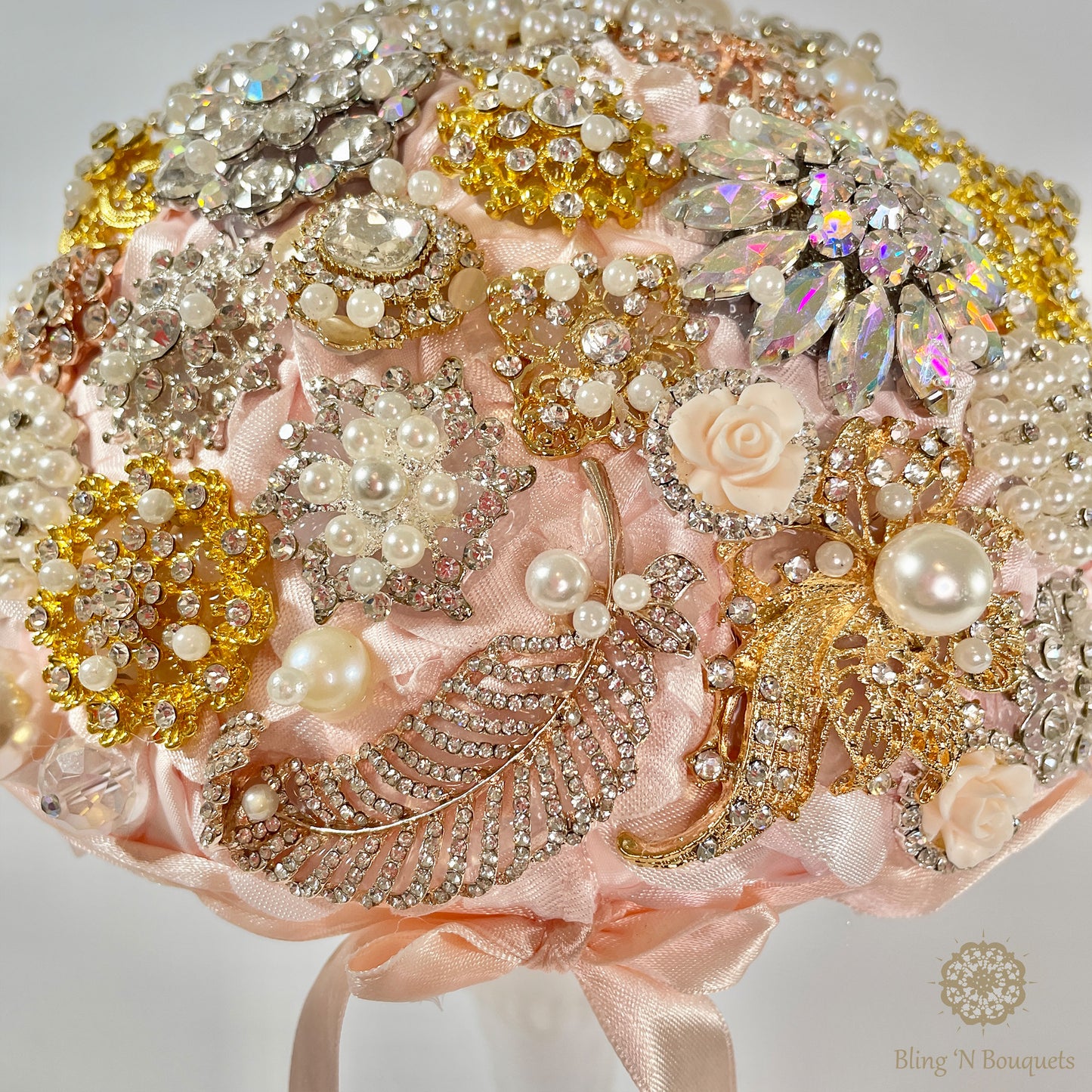 Pink Pearls Wedding Brooch Bouquet unique bride rose gold, gold, silver, white