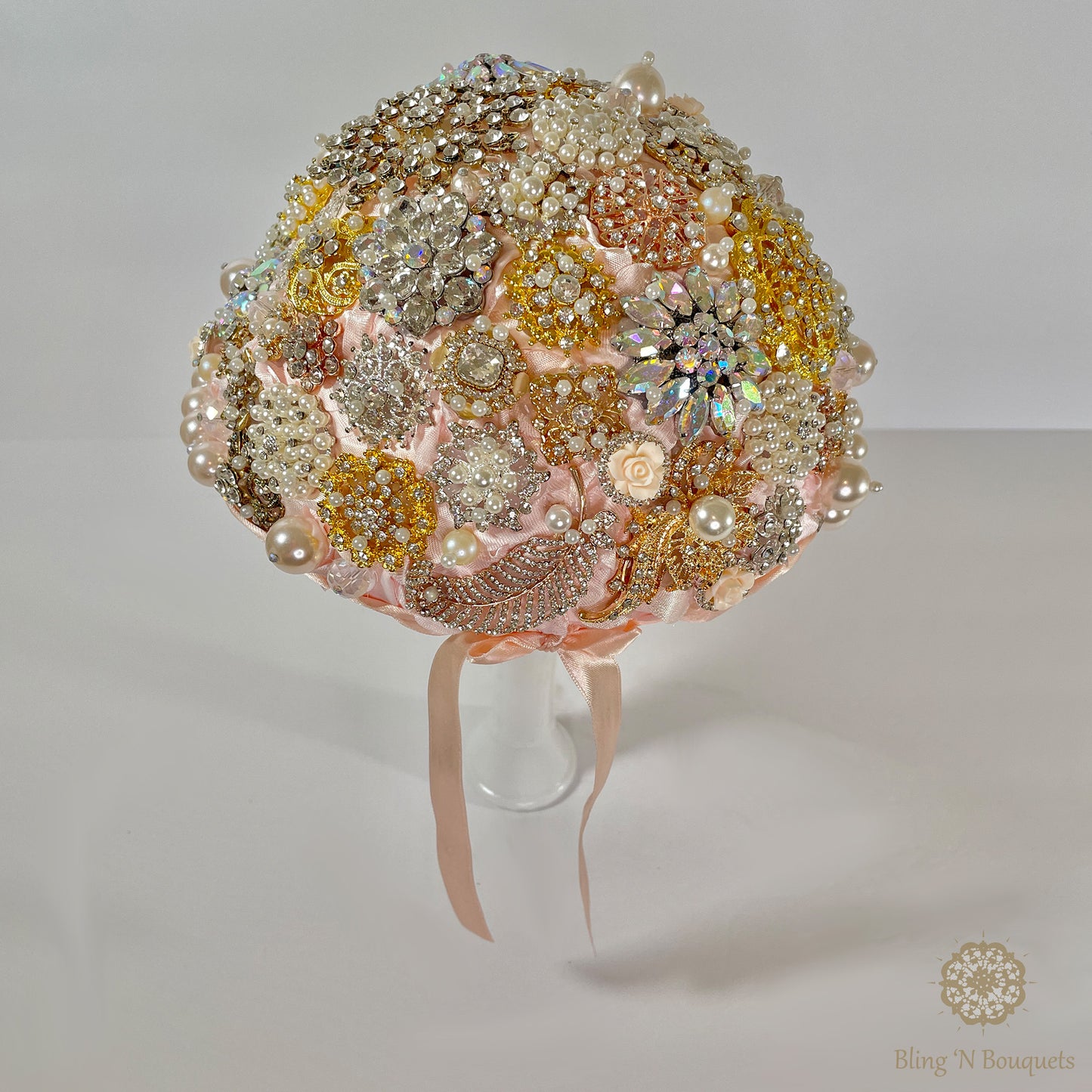 Pink Pearls Wedding Brooch Bouquet unique bride rose gold, gold, silver, white