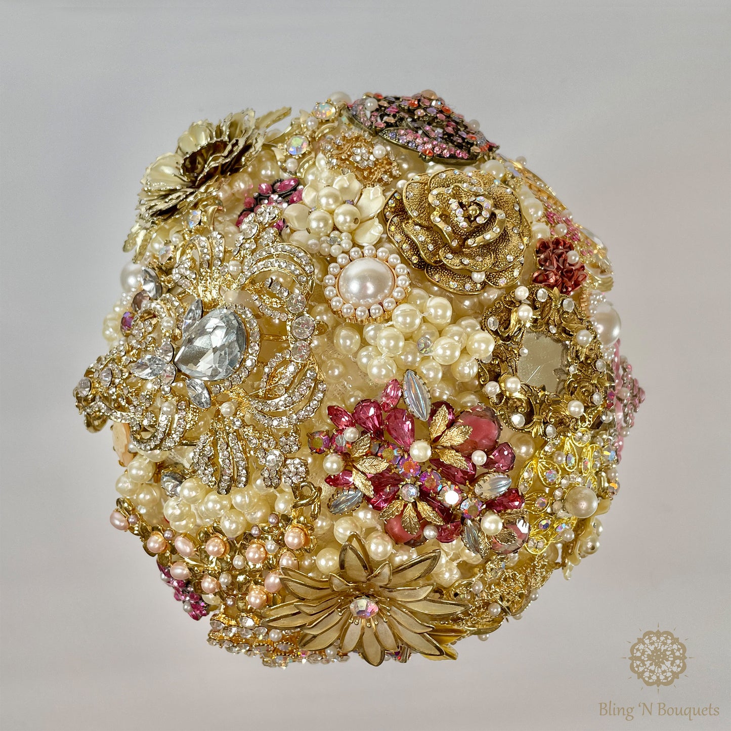 ‘Grandma’s jewelry box’ Wedding Brooch Bouquet gold, pink, ivory vintage style brass candlestick