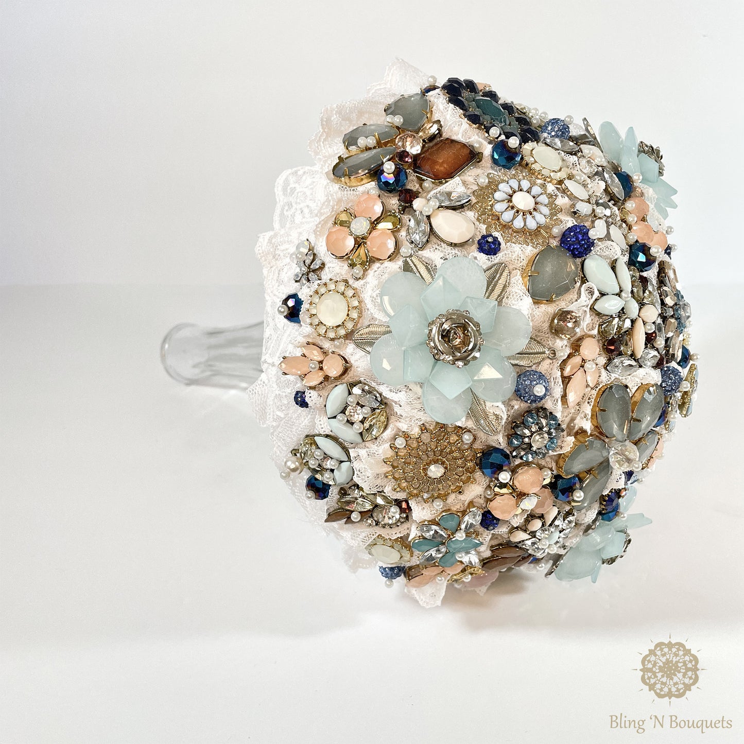 Something Blue Wedding Bridal Brooch bouquet blue, white, peach, gold, unconventional, unique, bling, sparkle, glam, vintage