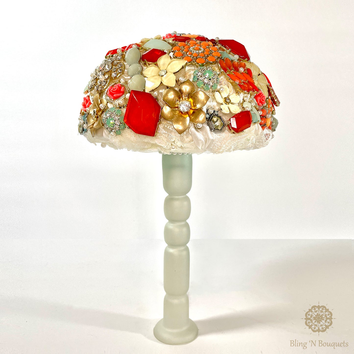 Fun bright bold Bridal Wedding Brooch Bouquet ‘Peppermint’ coral, mint green, red, ivory, white, rust, ombré