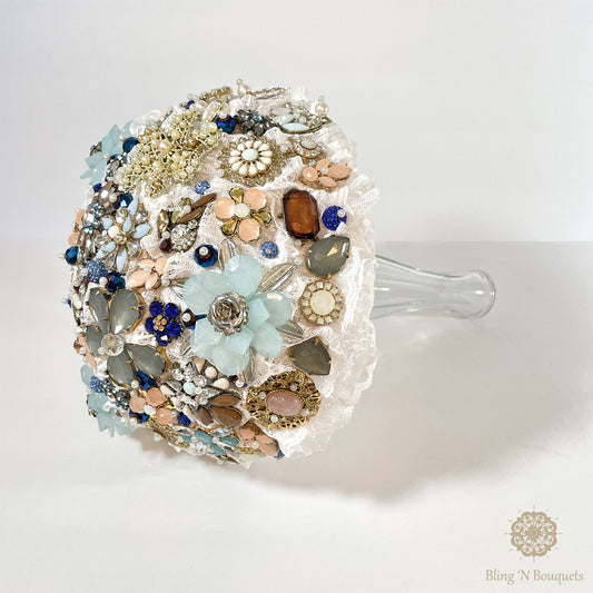 Something Blue Wedding Bridal Brooch bouquet blue, white, peach, gold, unconventional, unique, bling, sparkle, glam, vintage