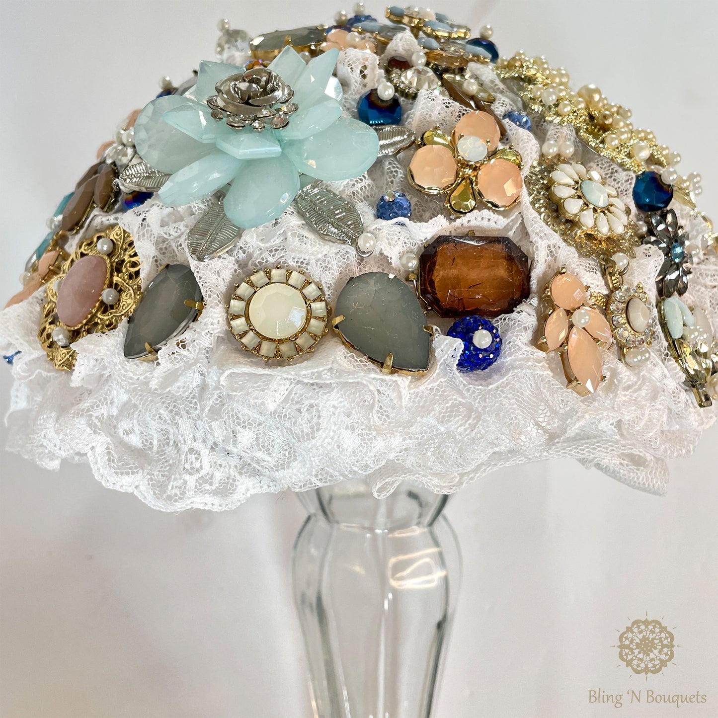 Something Blue Wedding Bridal Brooch bouquet blue, white, peach, gold, unconventional, unique, bling, sparkle, glam, vintage