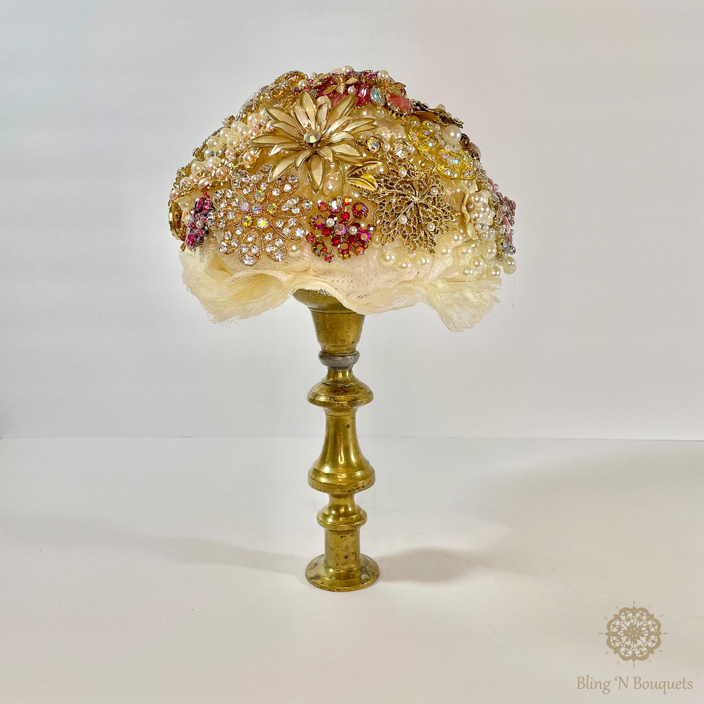 ‘Grandma’s jewelry box’ Wedding Brooch Bouquet gold, pink, ivory vintage style brass candlestick