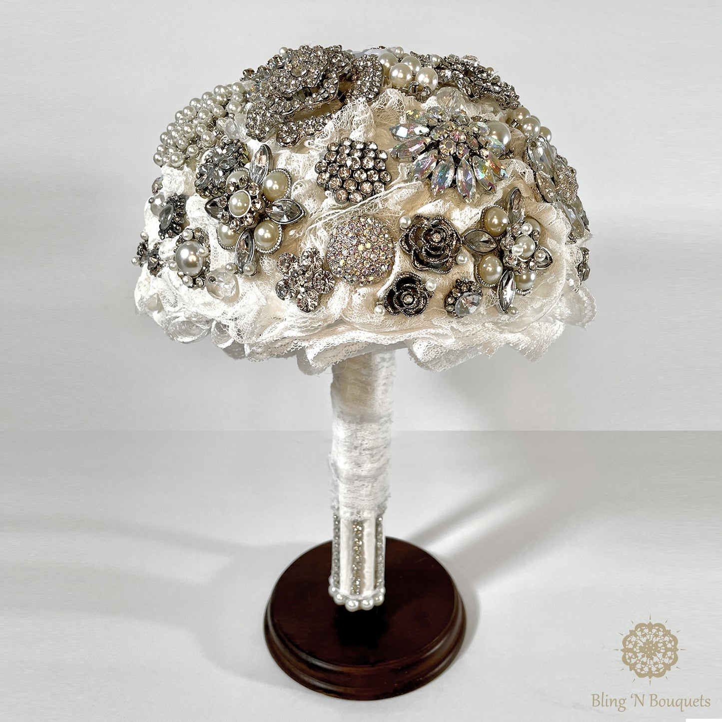 Brooch bouquet, bridal, wedding, unconventional, jeweled bouquet. Silver & white, Lace, floral, diamonds, rhinestones, pearls