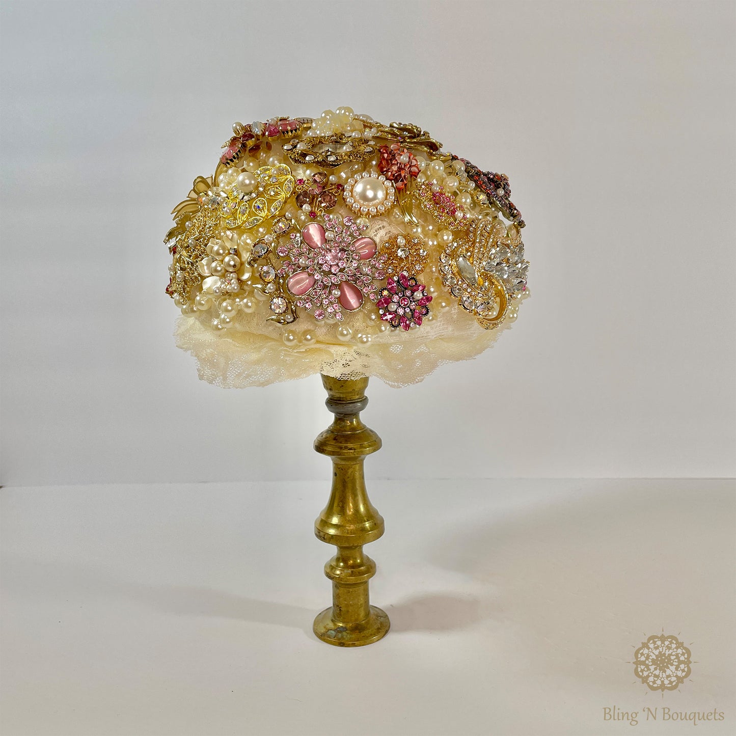 ‘Grandma’s jewelry box’ Wedding Brooch Bouquet gold, pink, ivory vintage style brass candlestick