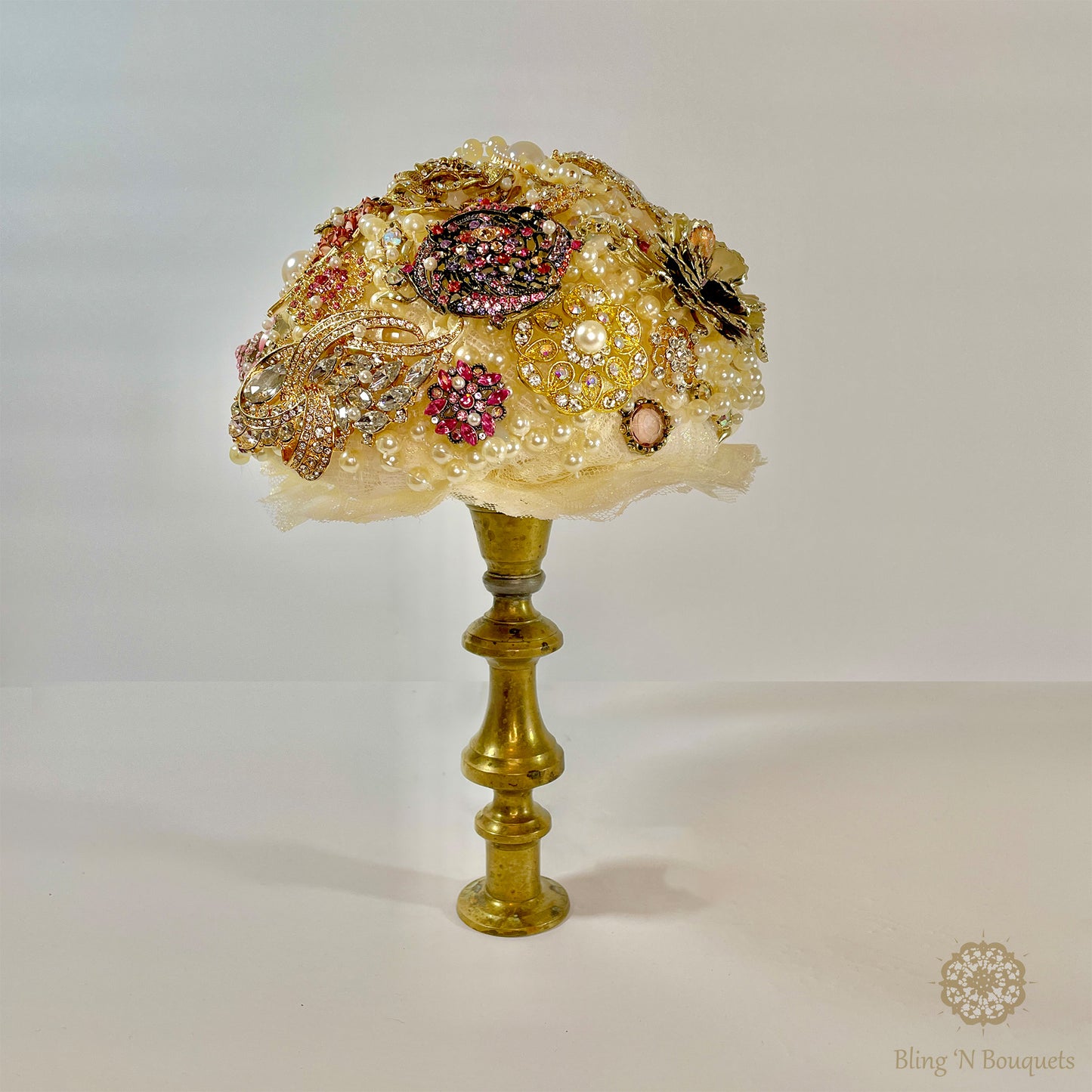 ‘Grandma’s jewelry box’ Wedding Brooch Bouquet gold, pink, ivory vintage style brass candlestick