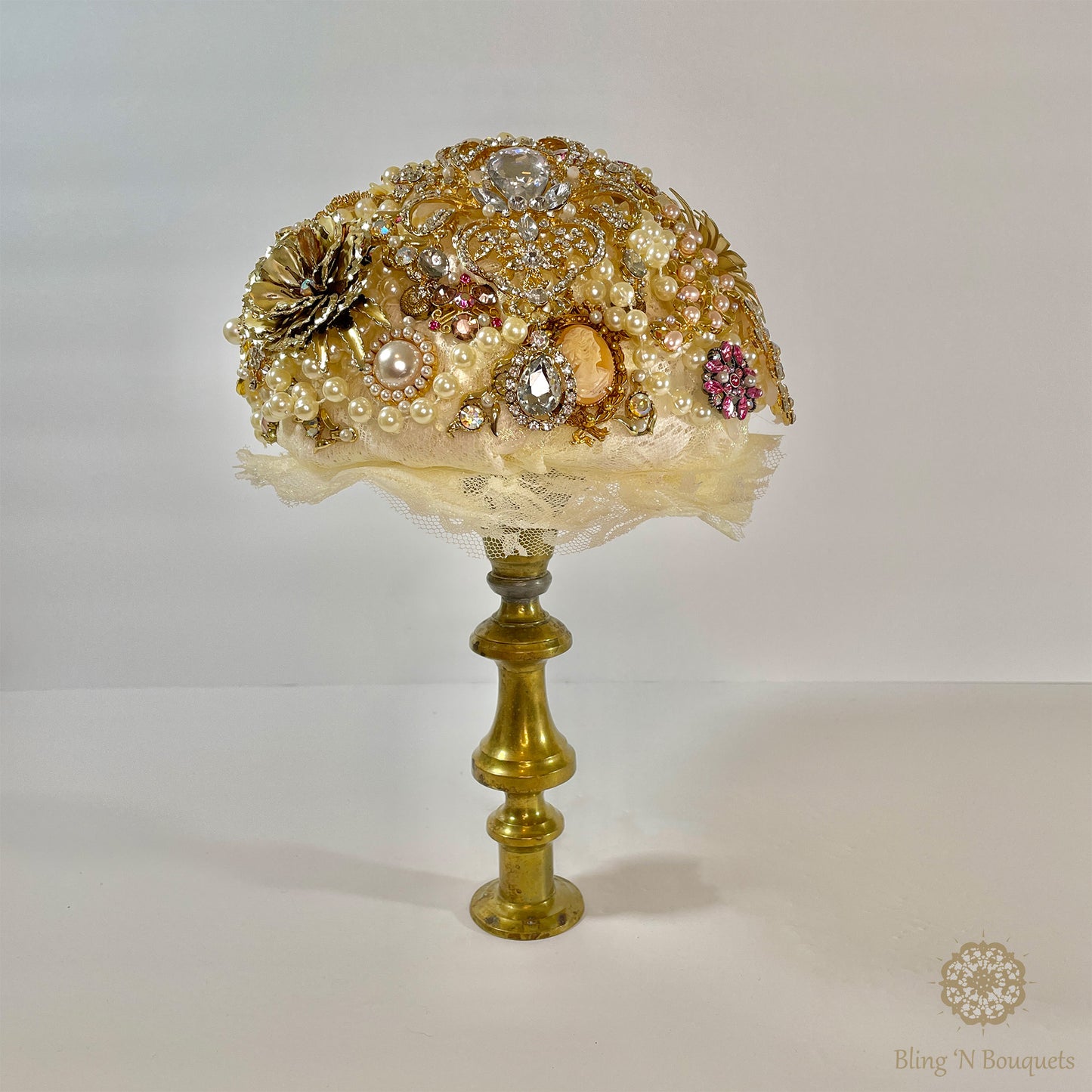 ‘Grandma’s jewelry box’ Wedding Brooch Bouquet gold, pink, ivory vintage style brass candlestick