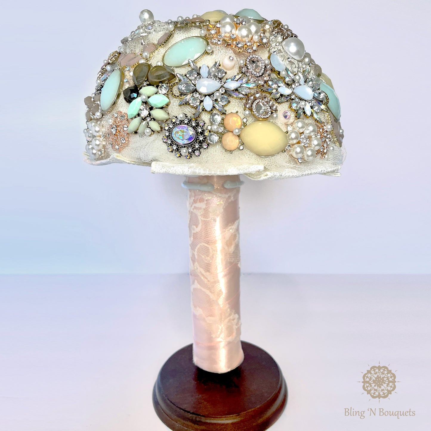 Wedding Bridal Brooch Bouquet 'Coastal Sunset' soft pinks, seafoam green, cream, ivory, rose gold, lace, sparkle, glitter, glam