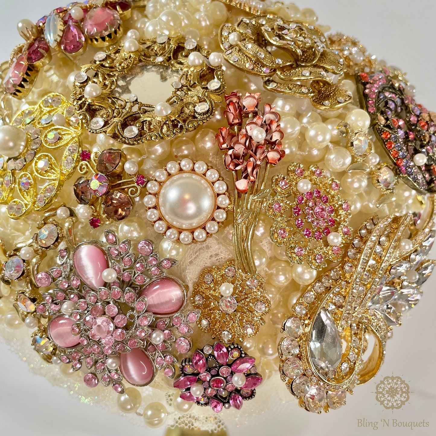 ‘Grandma’s jewelry box’ Wedding Brooch Bouquet gold, pink, ivory vintage style brass candlestick