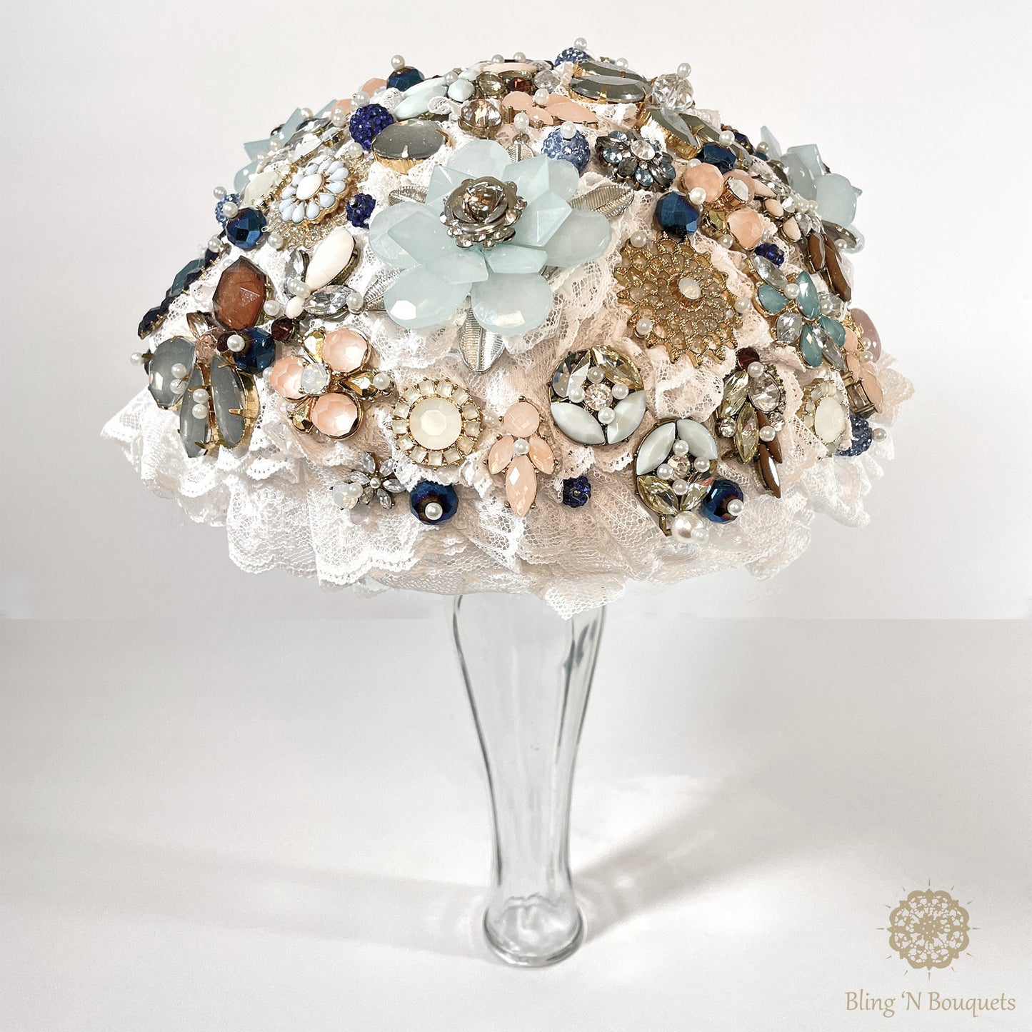 Something Blue Wedding Bridal Brooch bouquet blue, white, peach, gold, unconventional, unique, bling, sparkle, glam, vintage