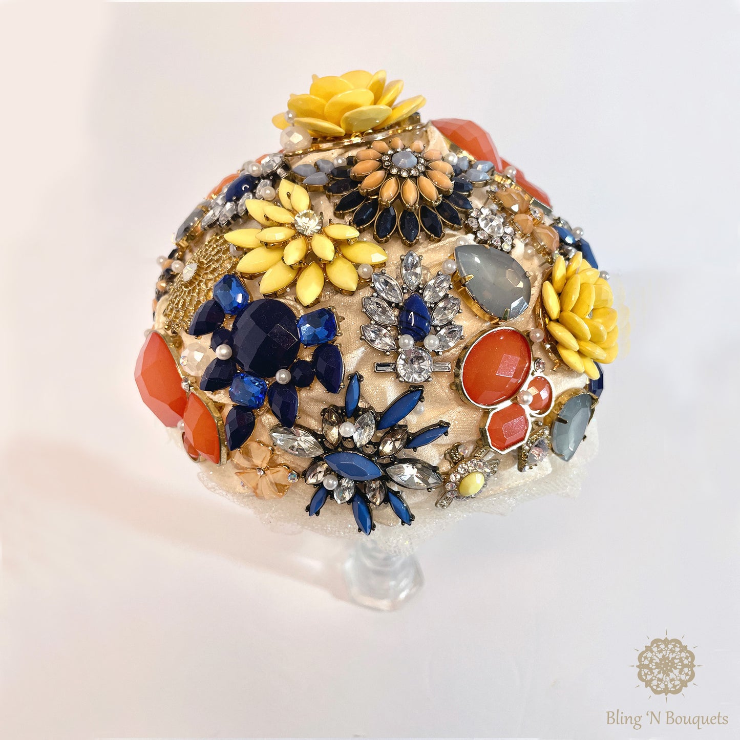 Bridal Wedding Brooch bouquet 'Spring Bloom' Yellow, blue, peach, coral, Unique, unconventional, non-traditional