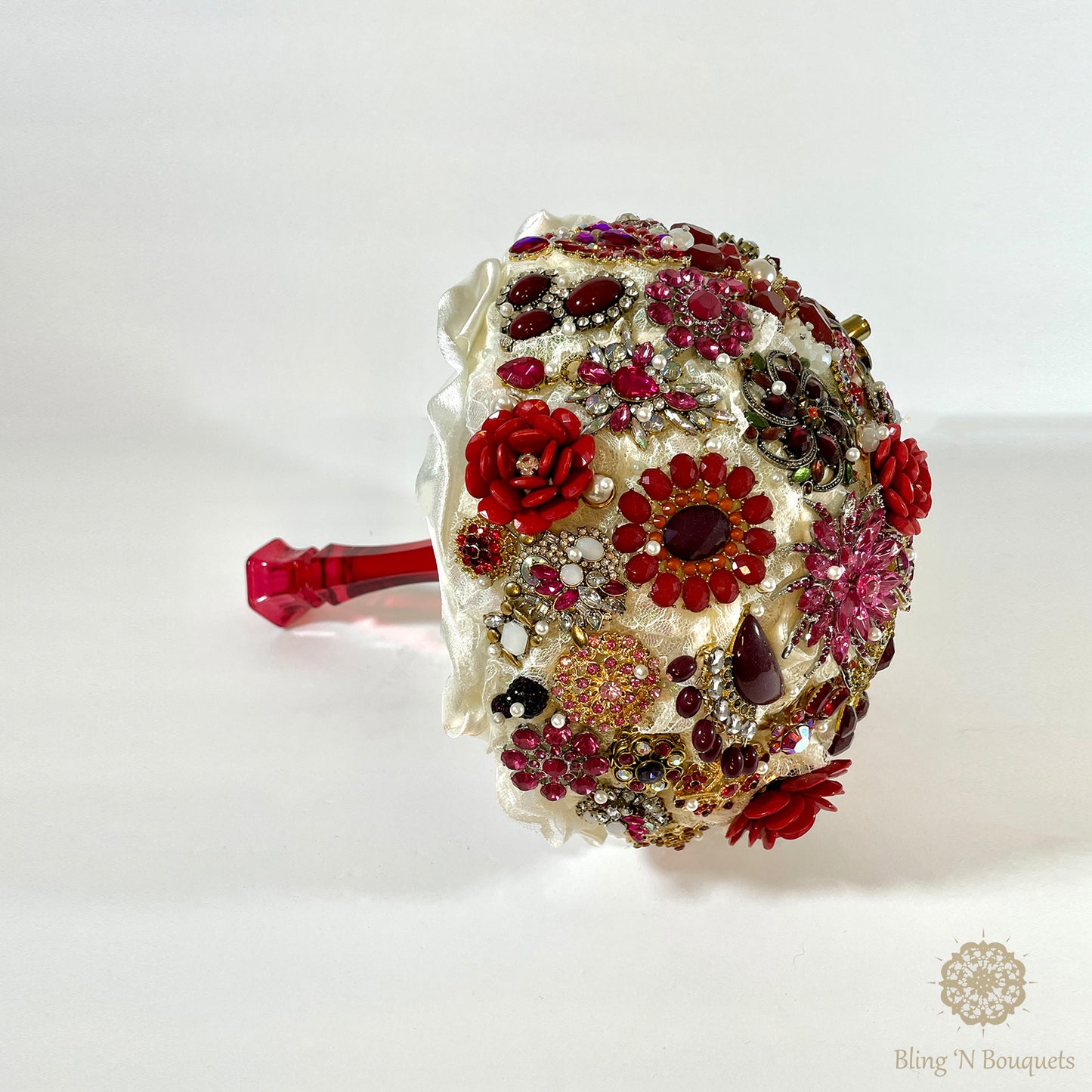 Red Hot Wedding Bridal Brooch Bouquet with reds, pinks, purples, hot pink, magenta, white, glam, sparkle, glitter