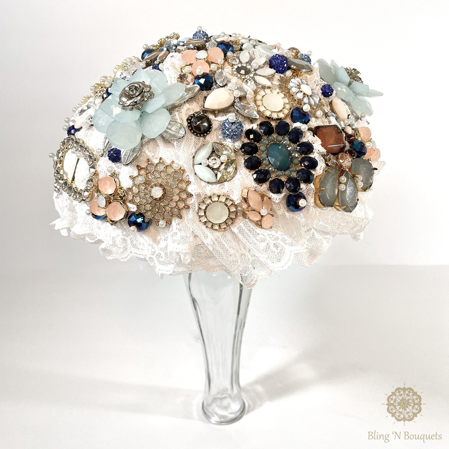 Something Blue Wedding Bridal Brooch bouquet blue, white, peach, gold, unconventional, unique, bling, sparkle, glam, vintage