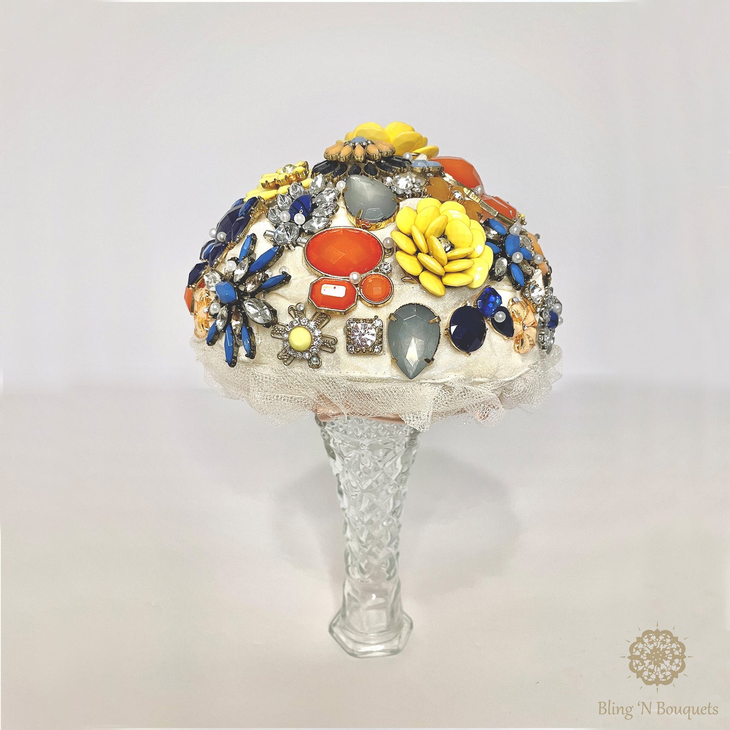 Bridal Wedding Brooch bouquet 'Spring Bloom' Yellow, blue, peach, coral, Unique, unconventional, non-traditional