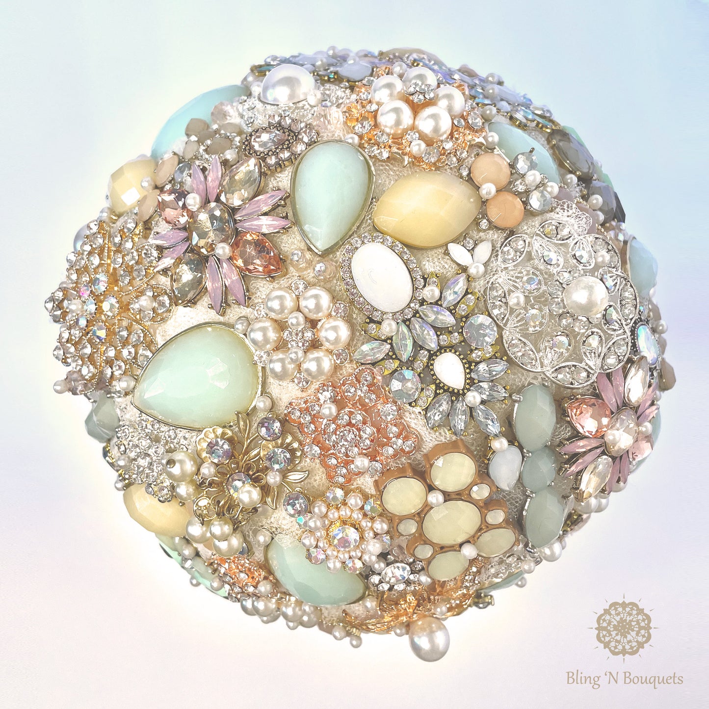 Wedding Bridal Brooch Bouquet 'Coastal Sunset' soft pinks, seafoam green, cream, ivory, rose gold, lace, sparkle, glitter, glam