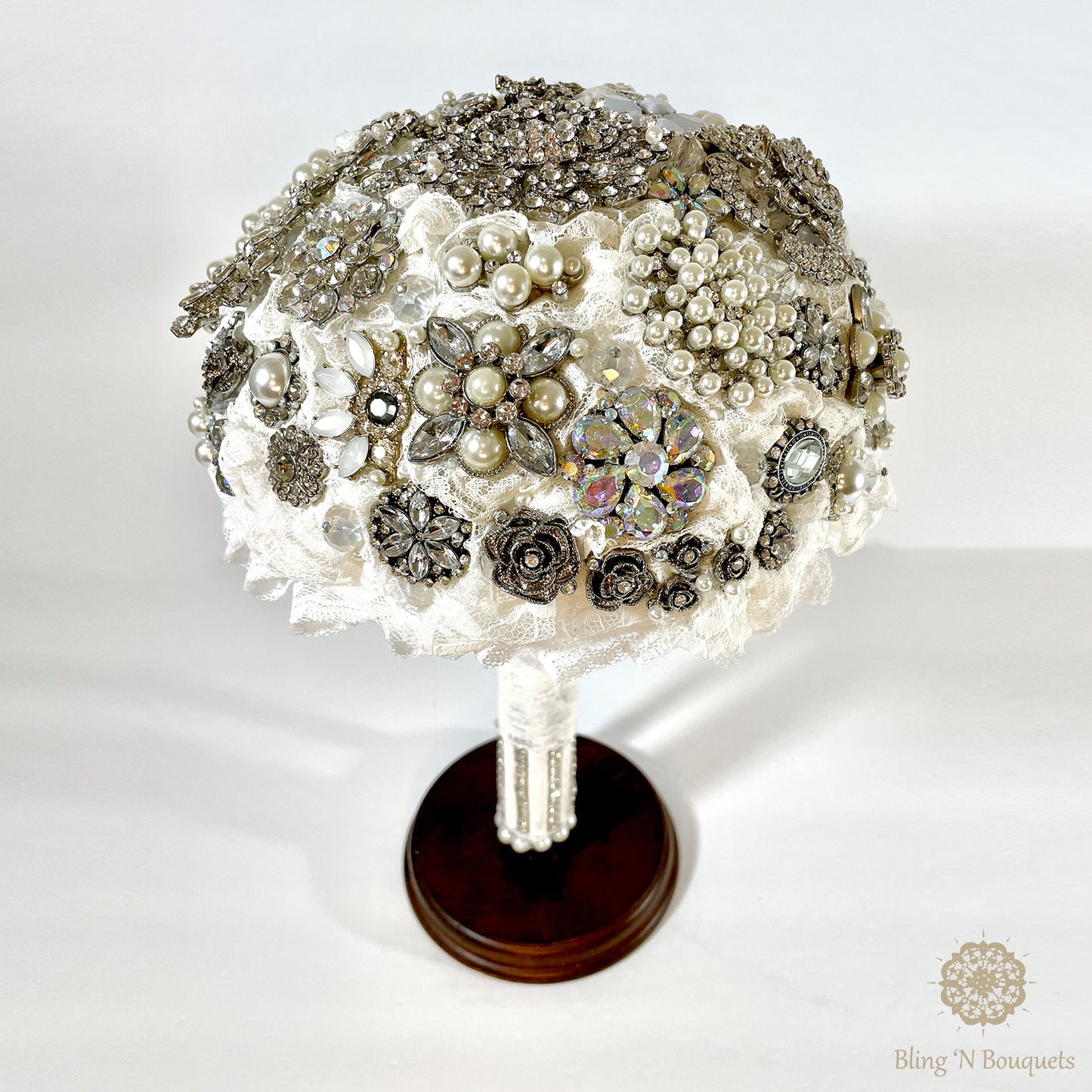 Brooch bouquet, bridal, wedding, unconventional, jeweled bouquet. Silver & white, Lace, floral, diamonds, rhinestones, pearls