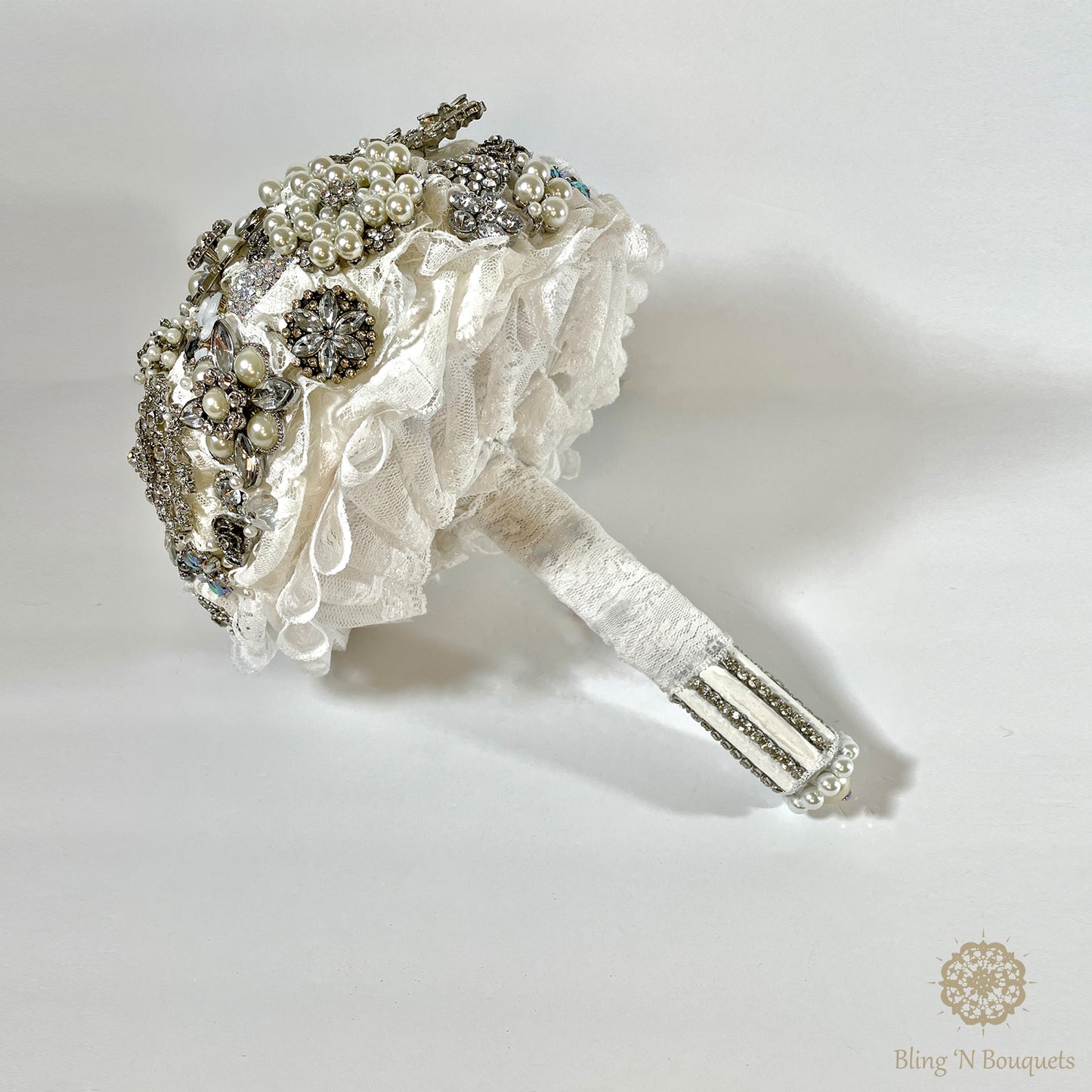 Brooch bouquet, bridal, wedding, unconventional, jeweled bouquet. Silver & white, Lace, floral, diamonds, rhinestones, pearls