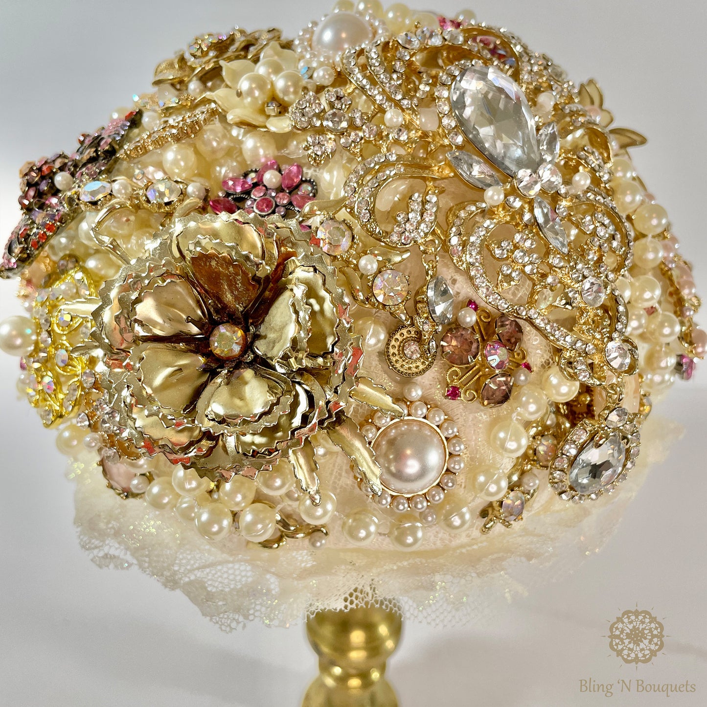 ‘Grandma’s jewelry box’ Wedding Brooch Bouquet gold, pink, ivory vintage style brass candlestick