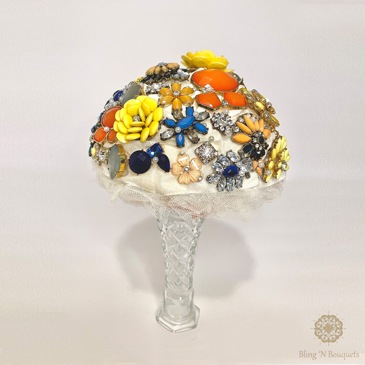 Bridal Wedding Brooch bouquet 'Spring Bloom' Yellow, blue, peach, coral, Unique, unconventional, non-traditional