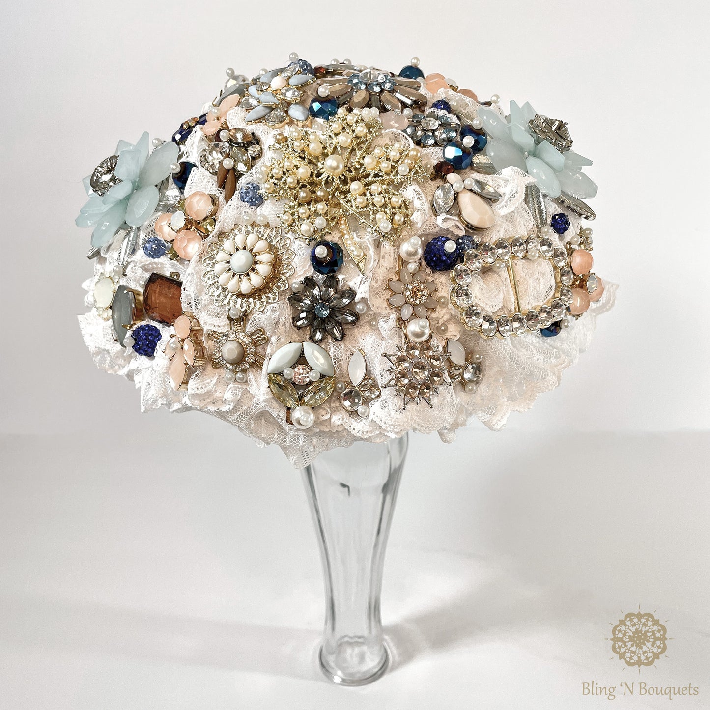 Something Blue Wedding Bridal Brooch bouquet blue, white, peach, gold, unconventional, unique, bling, sparkle, glam, vintage