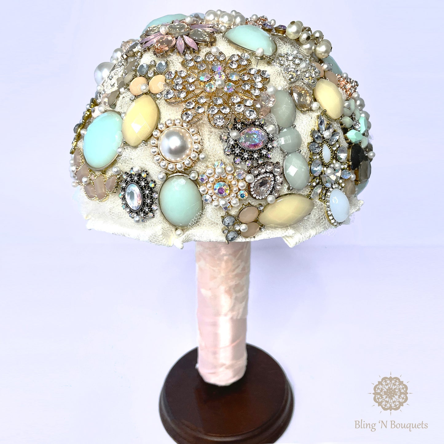 Wedding Bridal Brooch Bouquet 'Coastal Sunset' soft pinks, seafoam green, cream, ivory, rose gold, lace, sparkle, glitter, glam