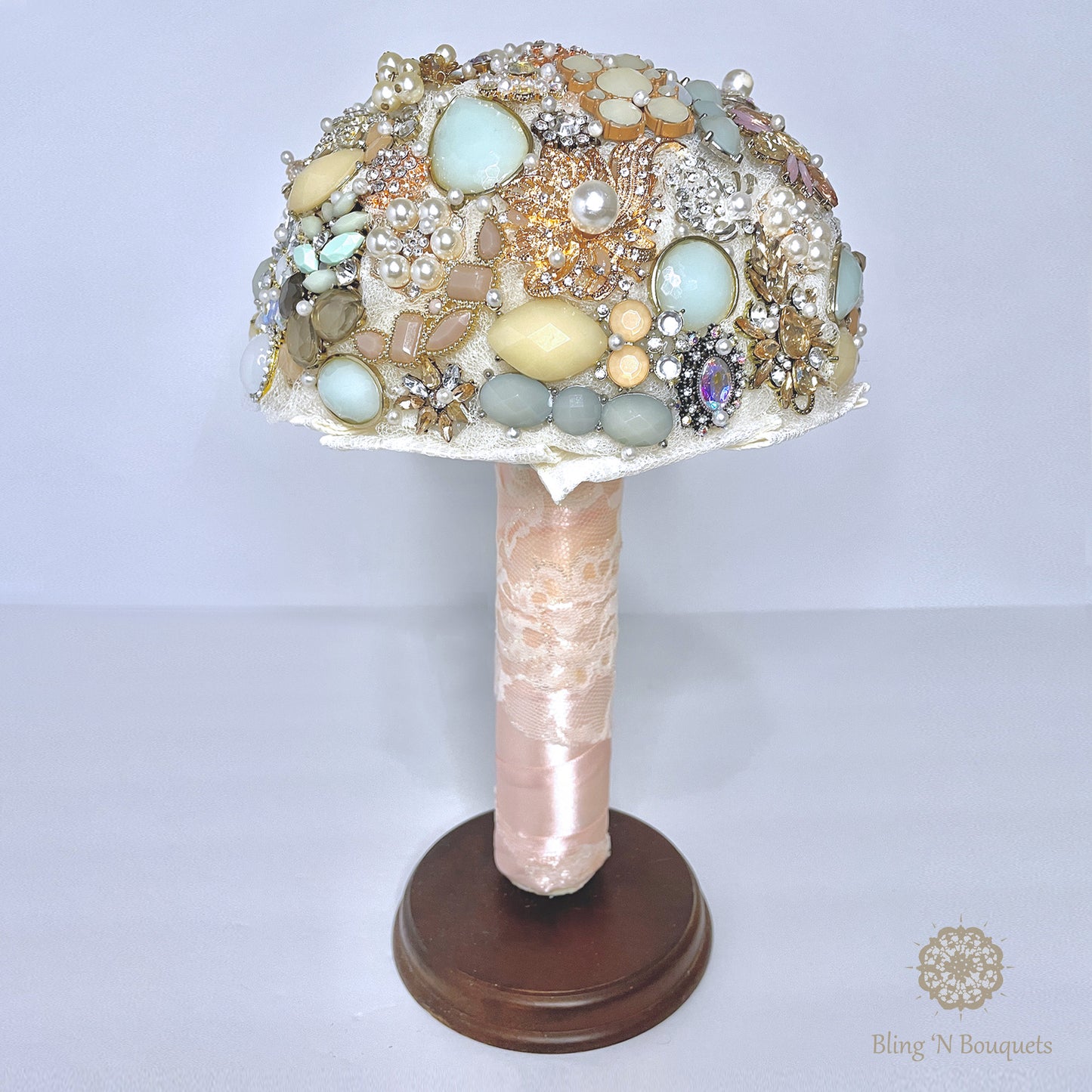 Wedding Bridal Brooch Bouquet 'Coastal Sunset' soft pinks, seafoam green, cream, ivory, rose gold, lace, sparkle, glitter, glam