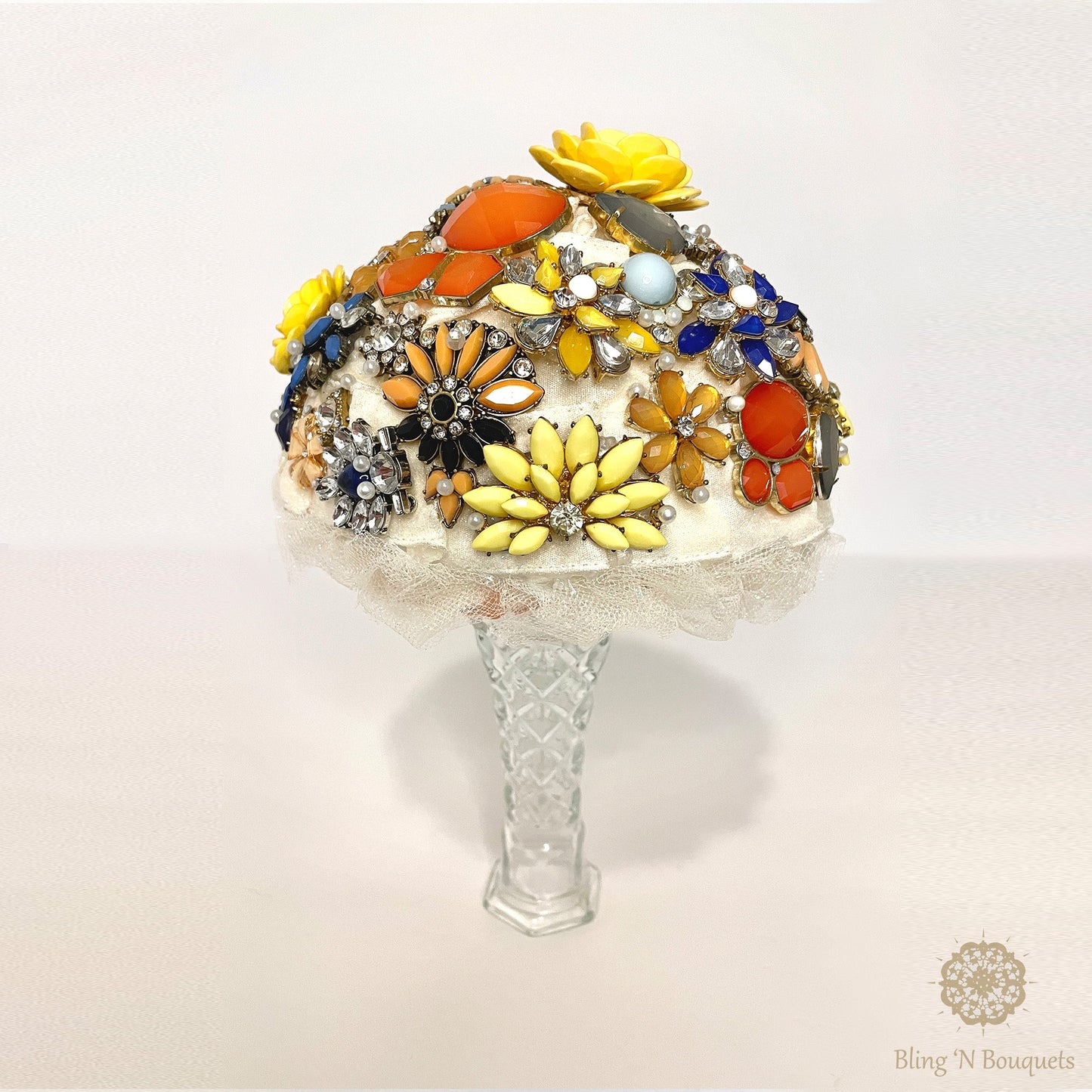 Bridal Wedding Brooch bouquet 'Spring Bloom' Yellow, blue, peach, coral, Unique, unconventional, non-traditional