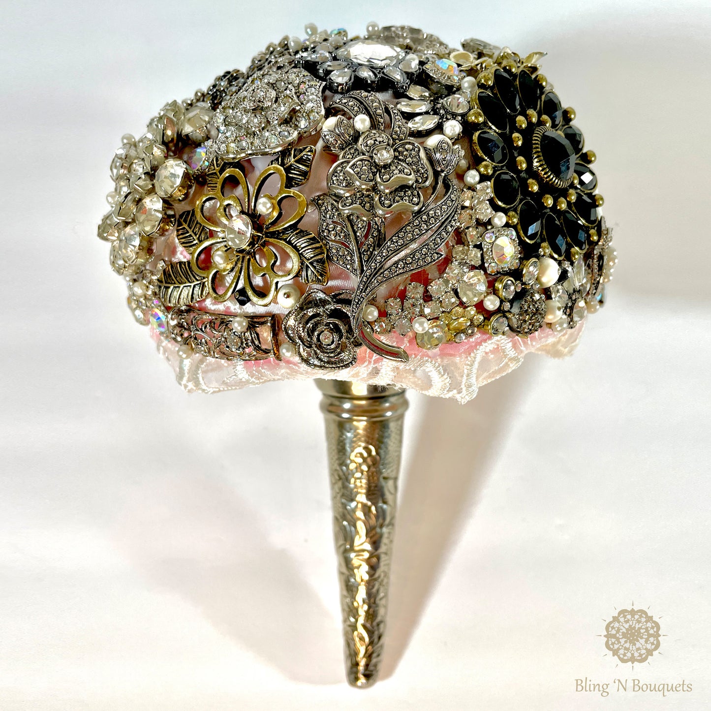 Bridal wedding jeweled brooch Bouquet 'Antiquity' 6" dia silver, pink, black