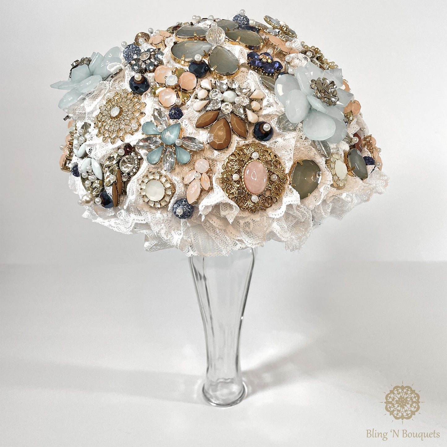 Something Blue Wedding Bridal Brooch bouquet blue, white, peach, gold, unconventional, unique, bling, sparkle, glam, vintage