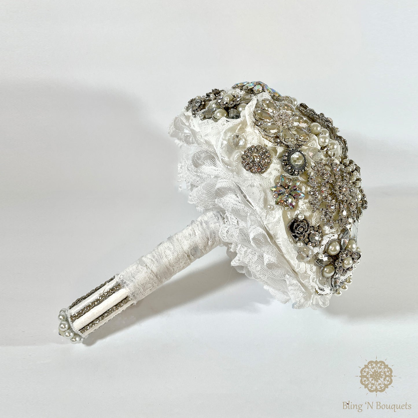 Brooch bouquet, bridal, wedding, unconventional, jeweled bouquet. Silver & white, Lace, floral, diamonds, rhinestones, pearls