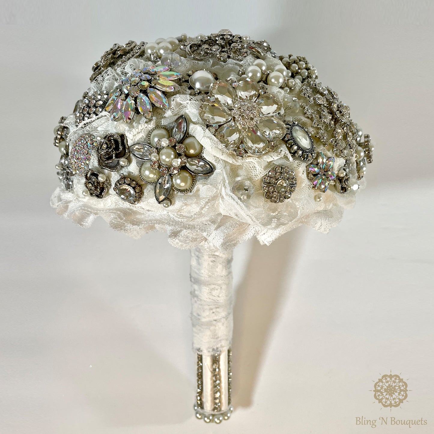 Brooch bouquet, bridal, wedding, unconventional, jeweled bouquet. Silver & white, Lace, floral, diamonds, rhinestones, pearls