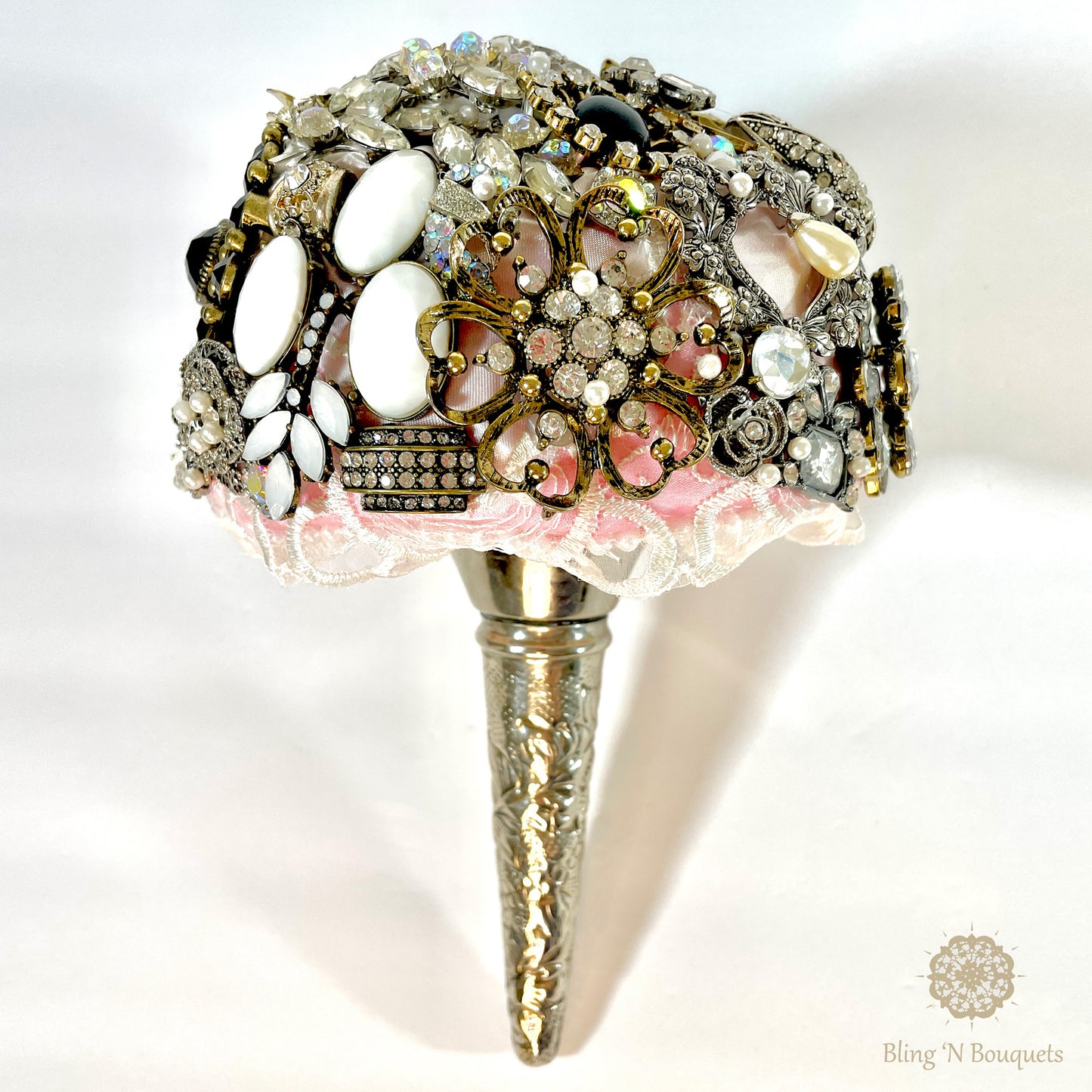 Bridal wedding jeweled brooch Bouquet 'Antiquity' 6" dia silver, pink, black