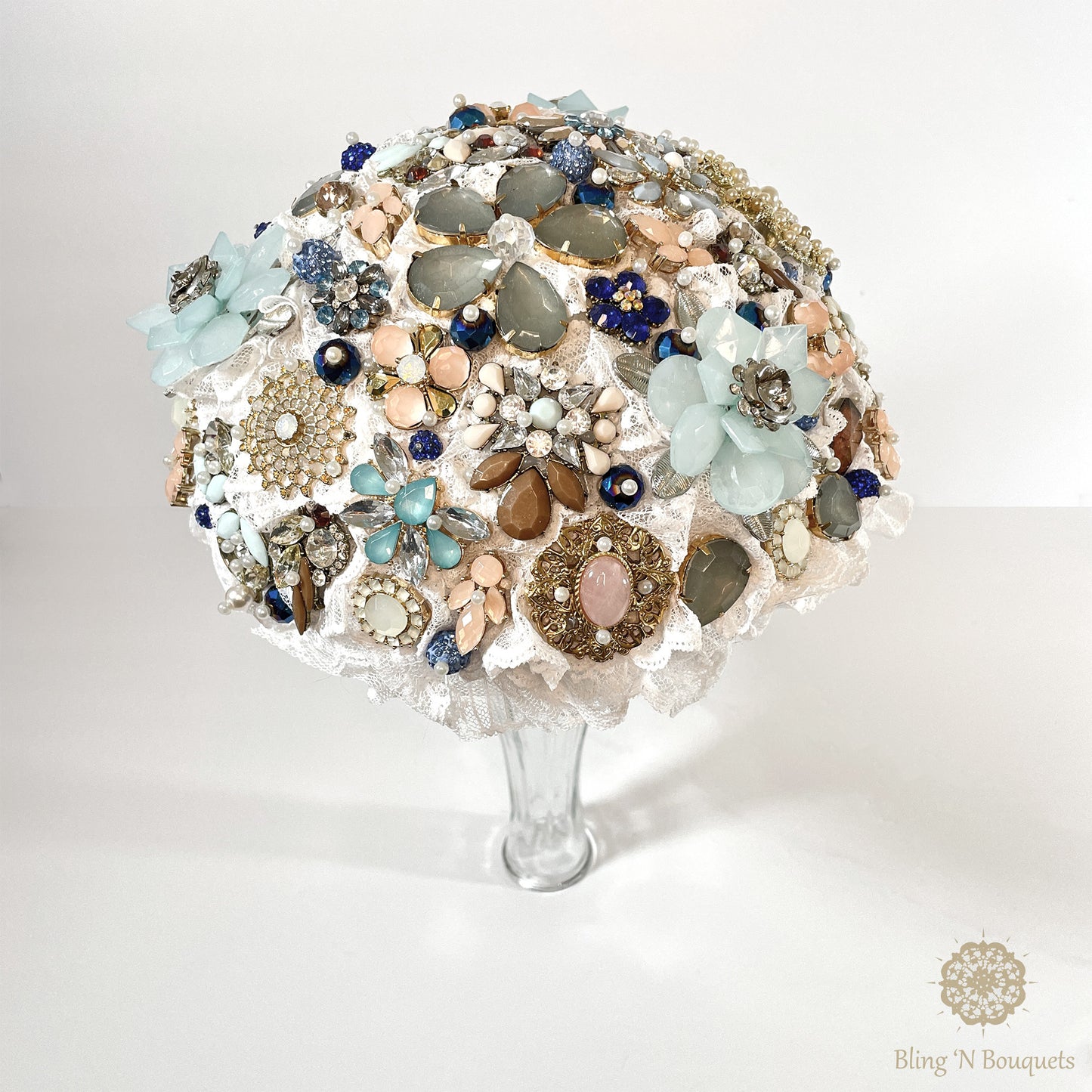 Something Blue Wedding Bridal Brooch bouquet blue, white, peach, gold, unconventional, unique, bling, sparkle, glam, vintage