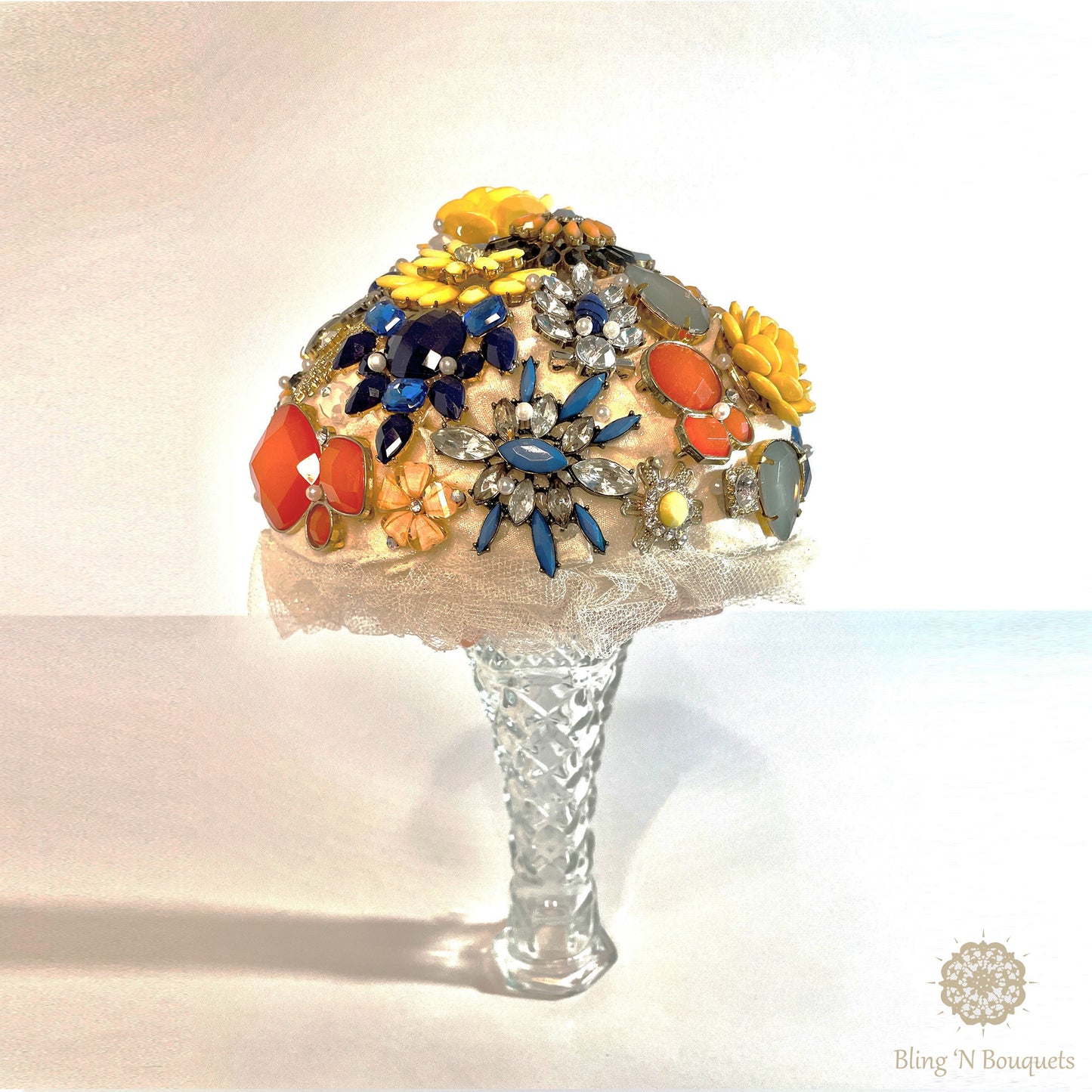 Bridal Wedding Brooch bouquet 'Spring Bloom' Yellow, blue, peach, coral, Unique, unconventional, non-traditional