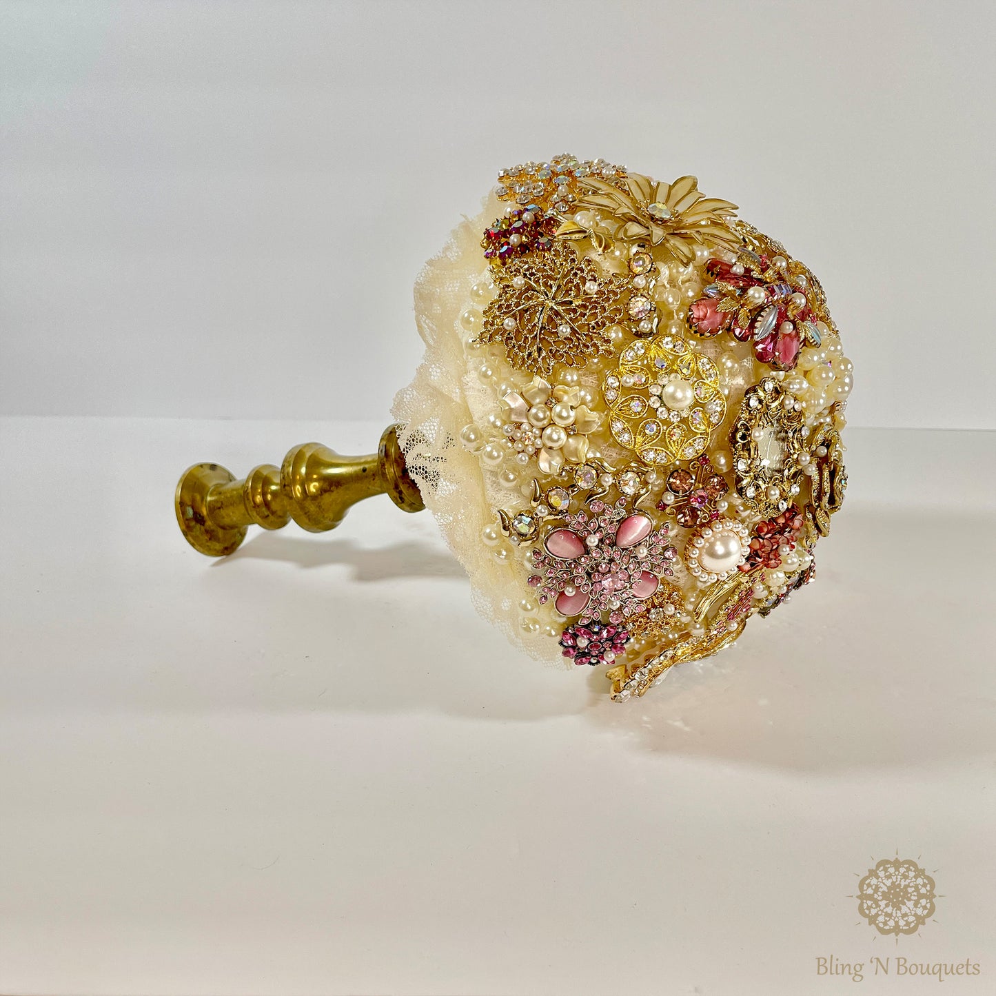 ‘Grandma’s jewelry box’ Wedding Brooch Bouquet gold, pink, ivory vintage style brass candlestick