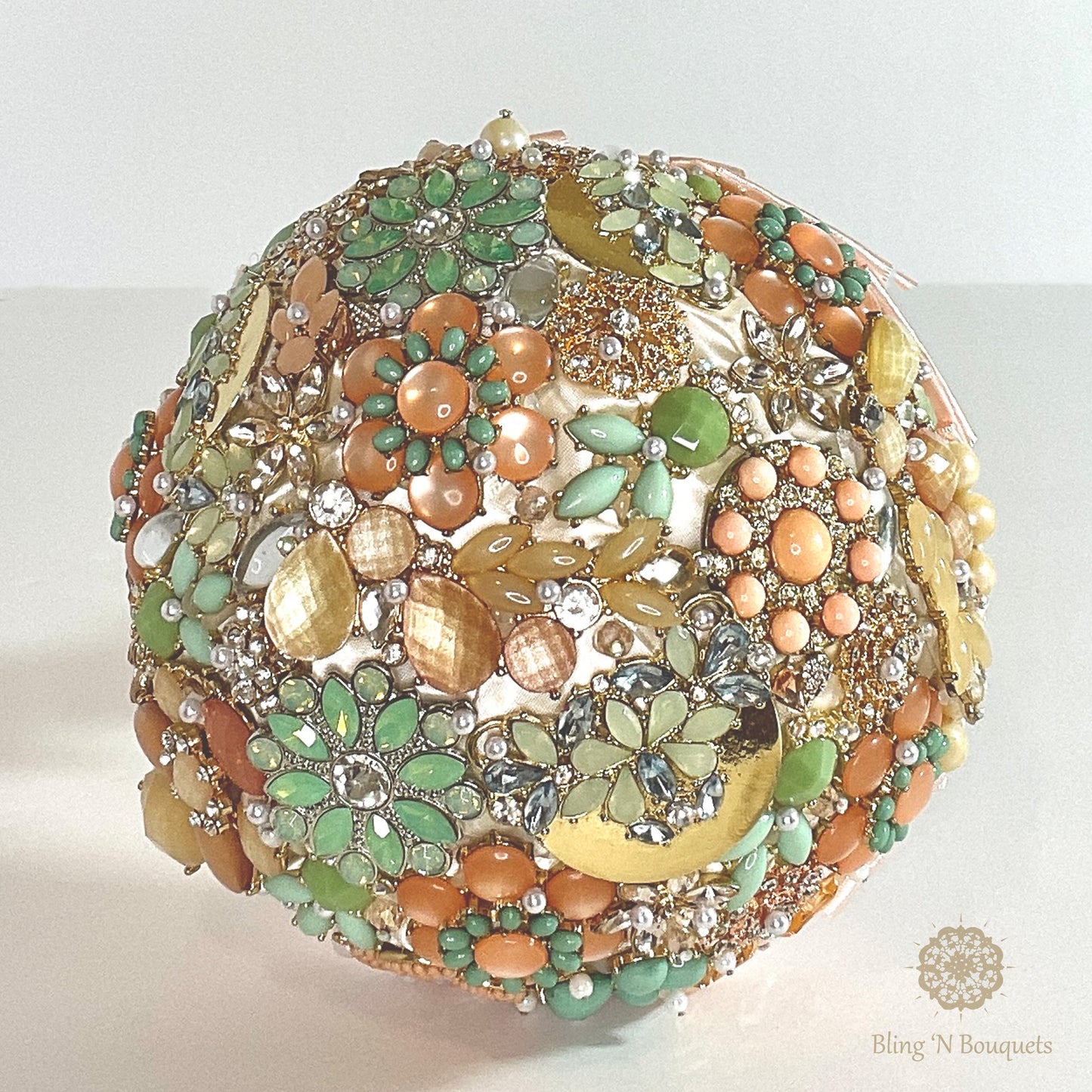 Bridal Brooch Bouquet - 'Minty Peach' Statement bouquet, unconventional, non-traditional, gold, brass, peach, mint, pink, coral, salmon, ivory, green rhinestones