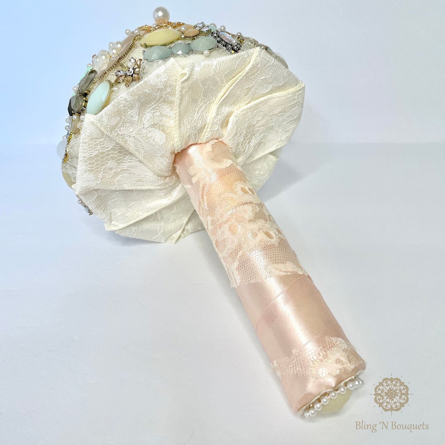 Wedding Bridal Brooch Bouquet 'Coastal Sunset' soft pinks, seafoam green, cream, ivory, rose gold, lace, sparkle, glitter, glam