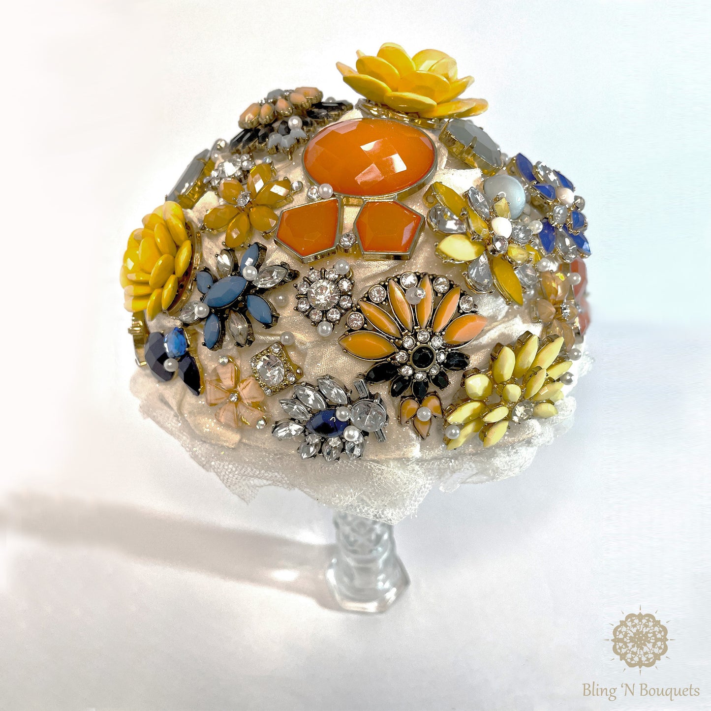 Bridal Wedding Brooch bouquet 'Spring Bloom' Yellow, blue, peach, coral, Unique, unconventional, non-traditional