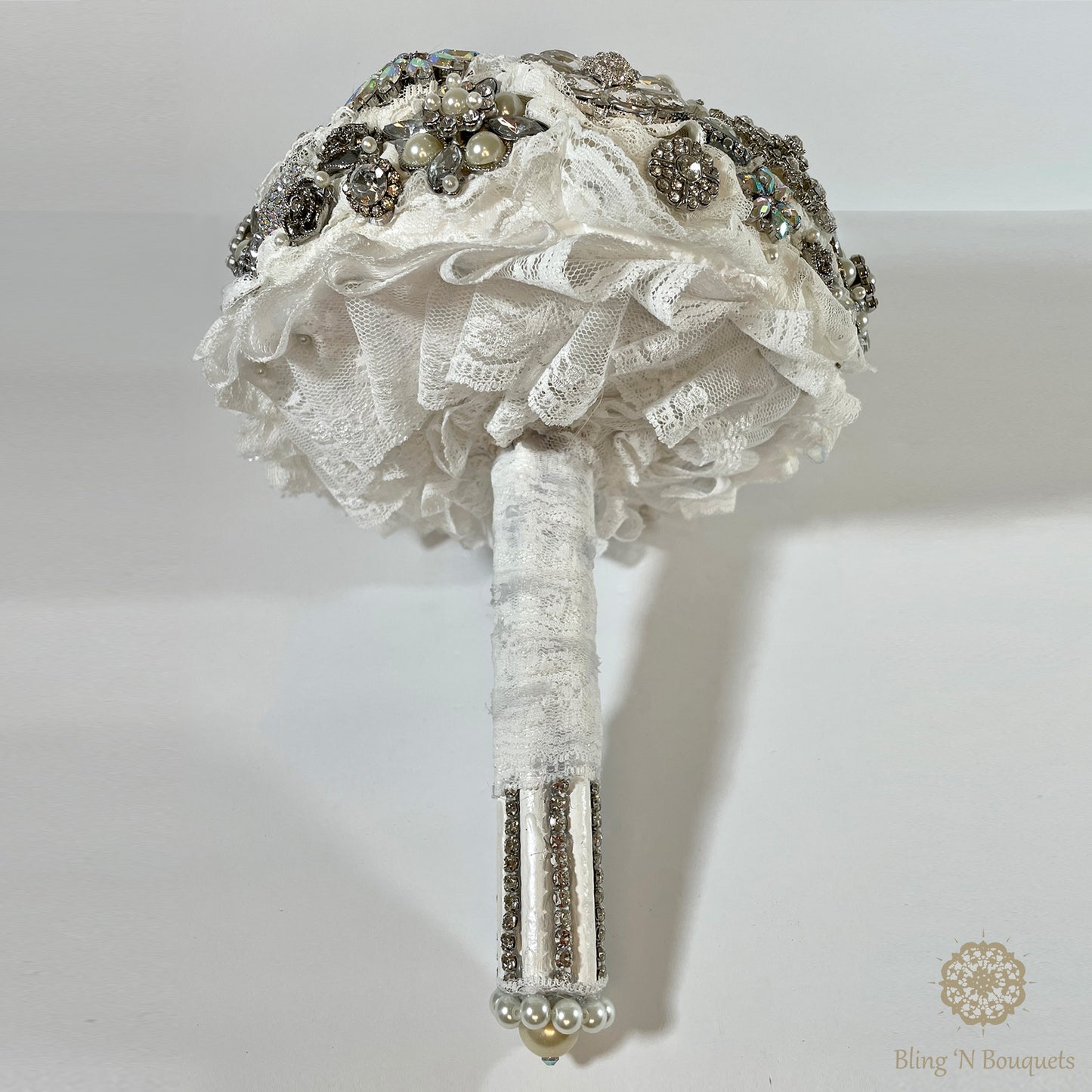 Brooch bouquet, bridal, wedding, unconventional, jeweled bouquet. Silver & white, Lace, floral, diamonds, rhinestones, pearls