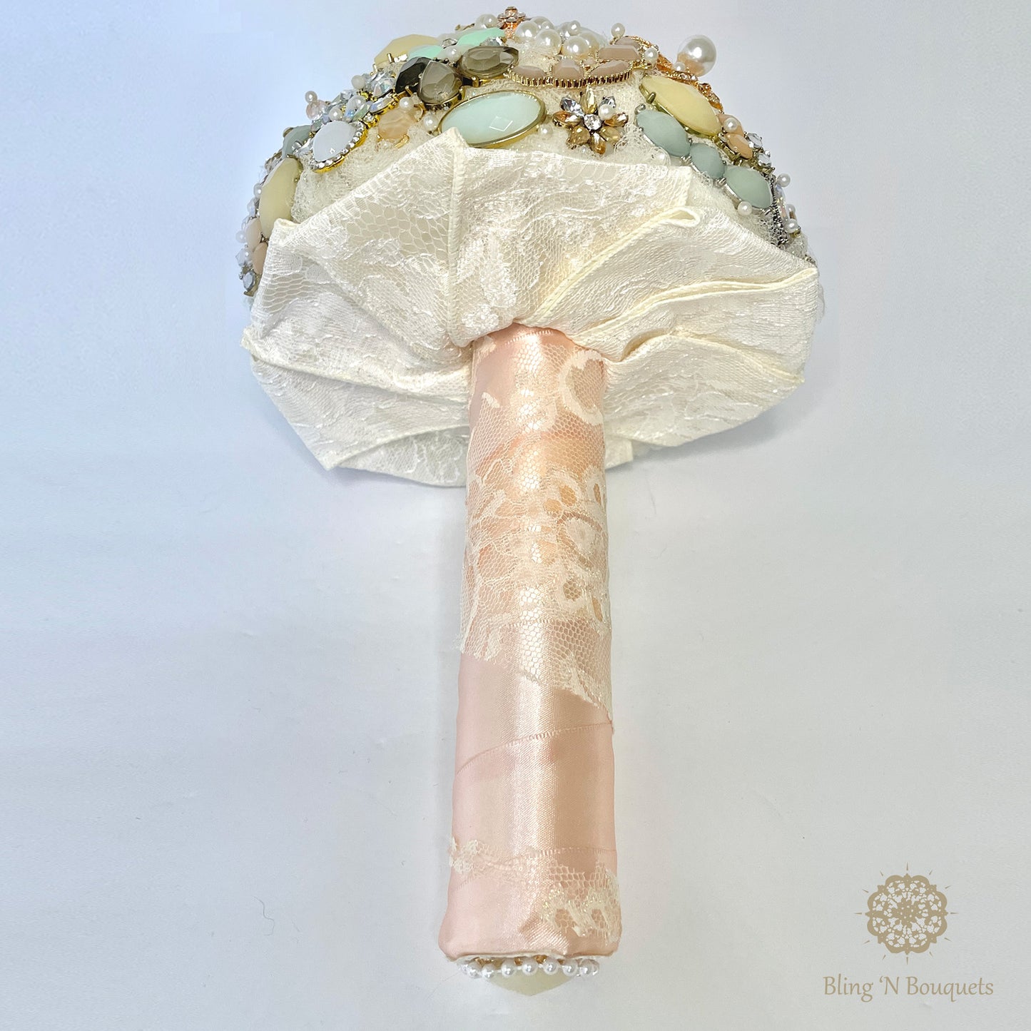 Wedding Bridal Brooch Bouquet 'Coastal Sunset' soft pinks, seafoam green, cream, ivory, rose gold, lace, sparkle, glitter, glam