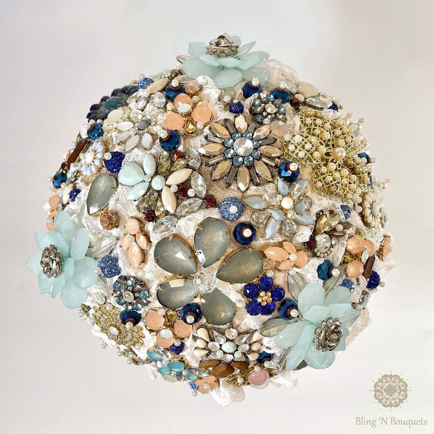 Something Blue Wedding Bridal Brooch bouquet blue, white, peach, gold, unconventional, unique, bling, sparkle, glam, vintage